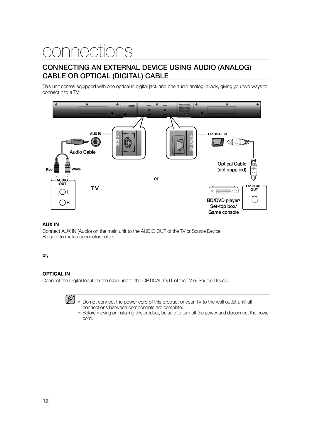 Samsung HW-H355/XE manual Audio Cable, Optical Cable, Not supplied, Set-top box 