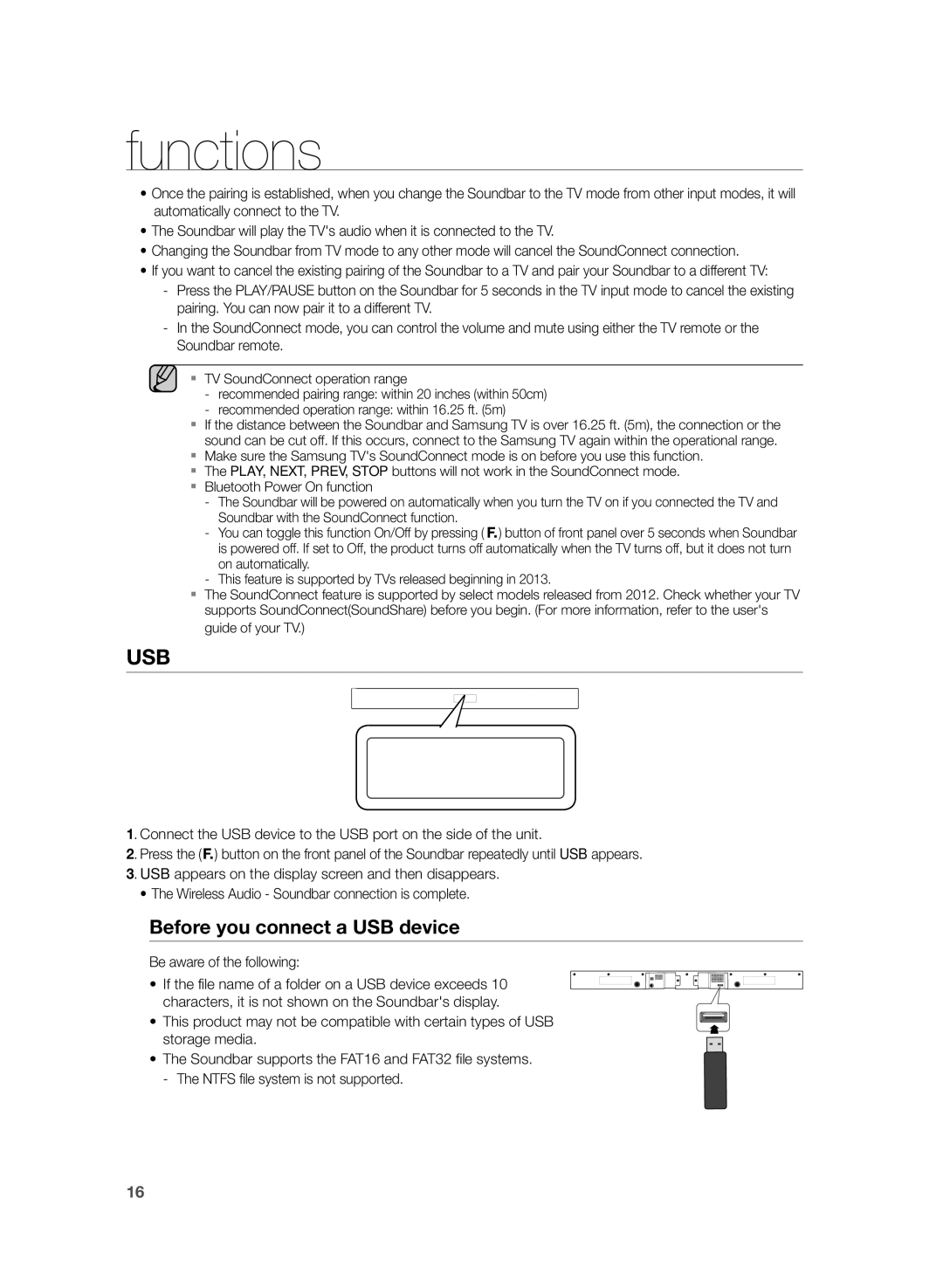 Samsung HW-H355/XE manual Before you connect a USB device, Be aware of the following 