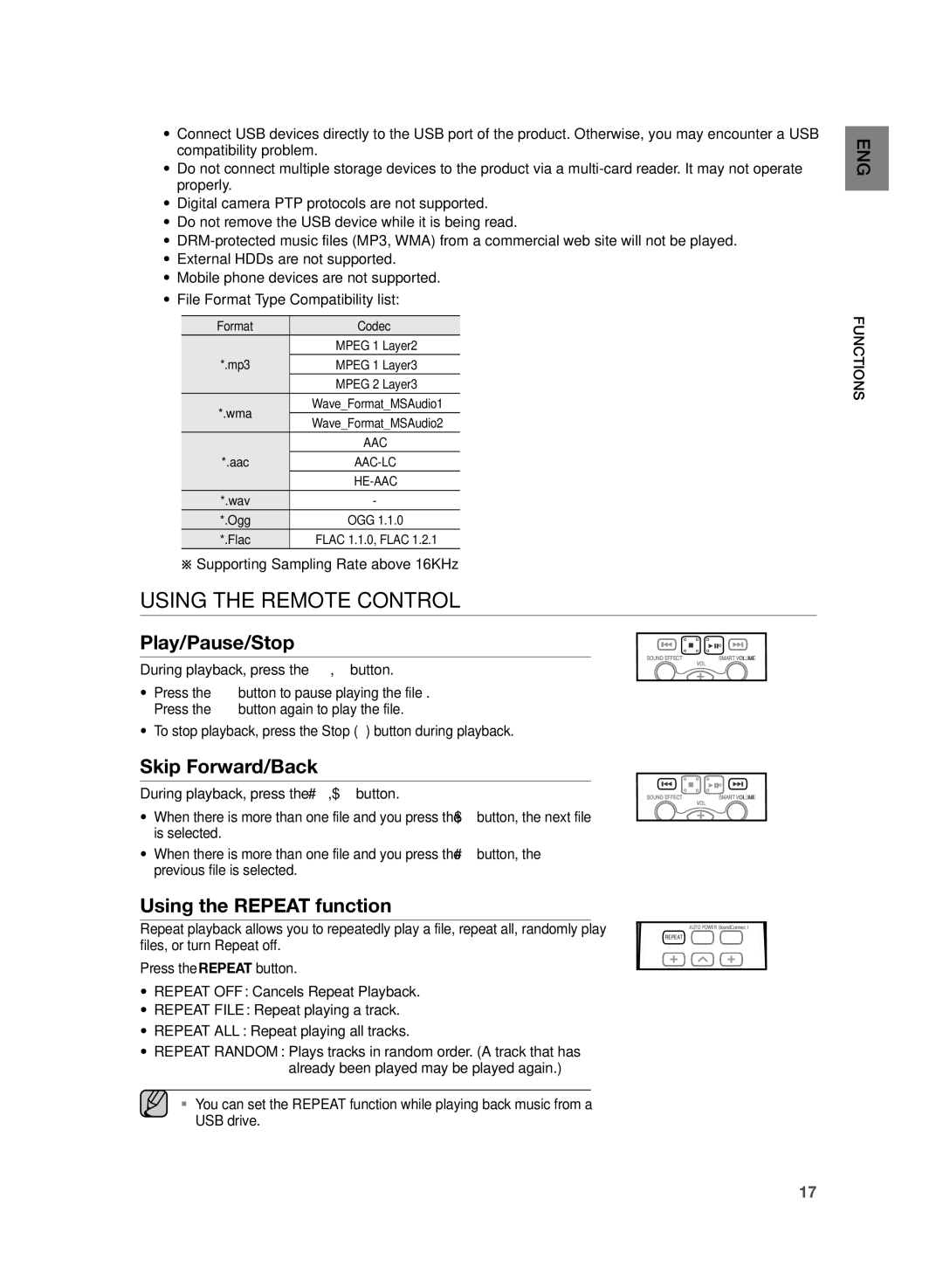 Samsung HW-H355/XE manual Using the Remote Control, Play/Pause/Stop, Skip Forward/Back, Using the Repeat function 