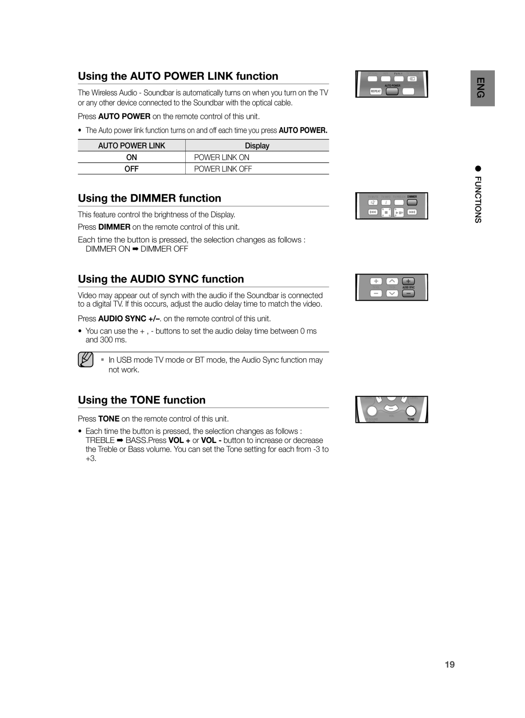 Samsung HW-H355/XE manual Using the Auto Power Link function, Using the Dimmer function, Using the Audio Sync function 