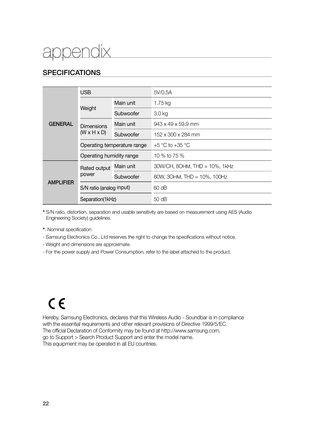 Samsung HW-H355/XE manual Appendix, Specifications 