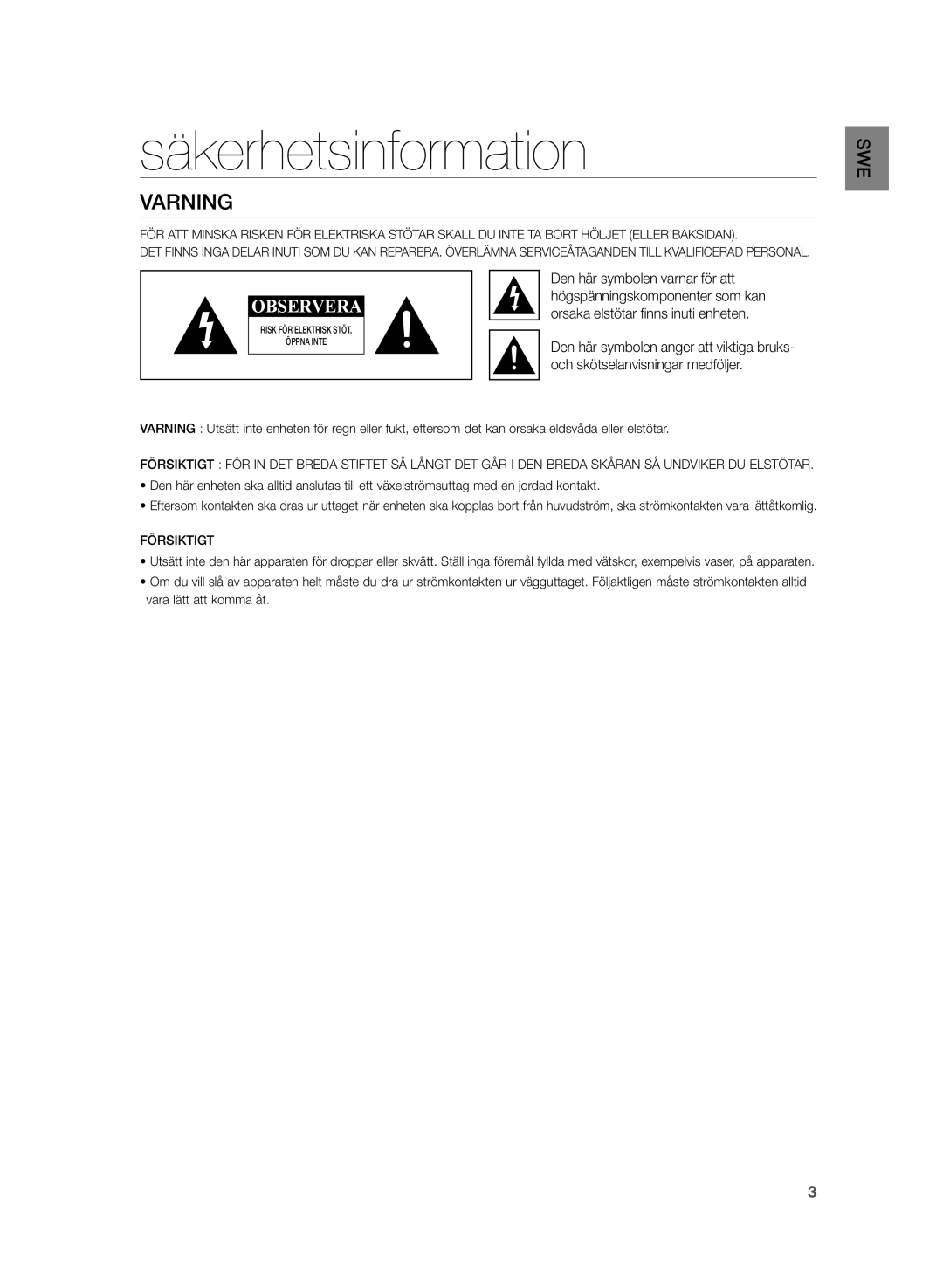 Samsung HW-H355/XE manual Säkerhetsinformation, Varning, Och skötselanvisningar medföljer 