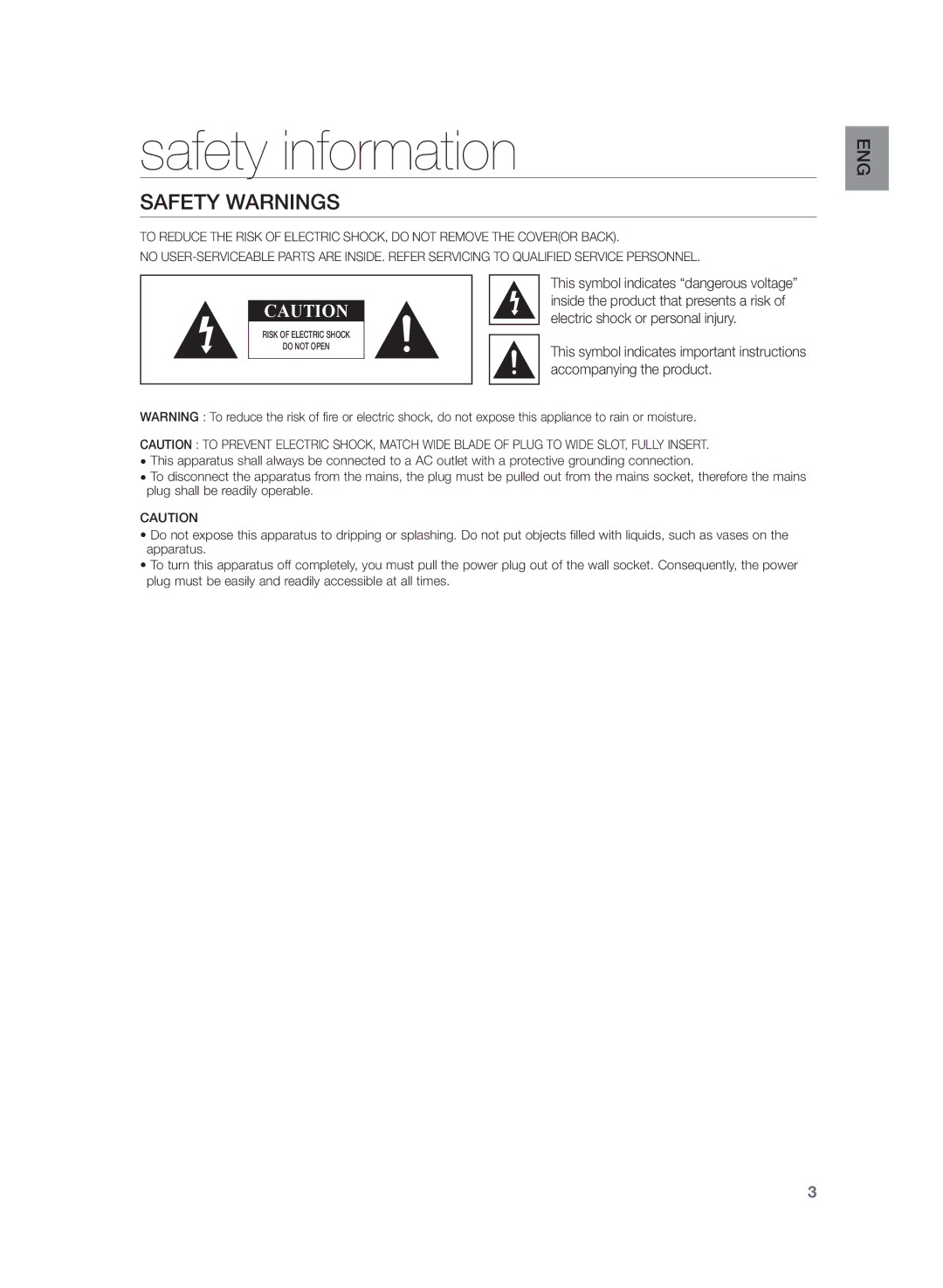 Samsung HW-H355/XE Safety information, Safety Warnings, This symbol indicates dangerous voltage, Accompanying the product 