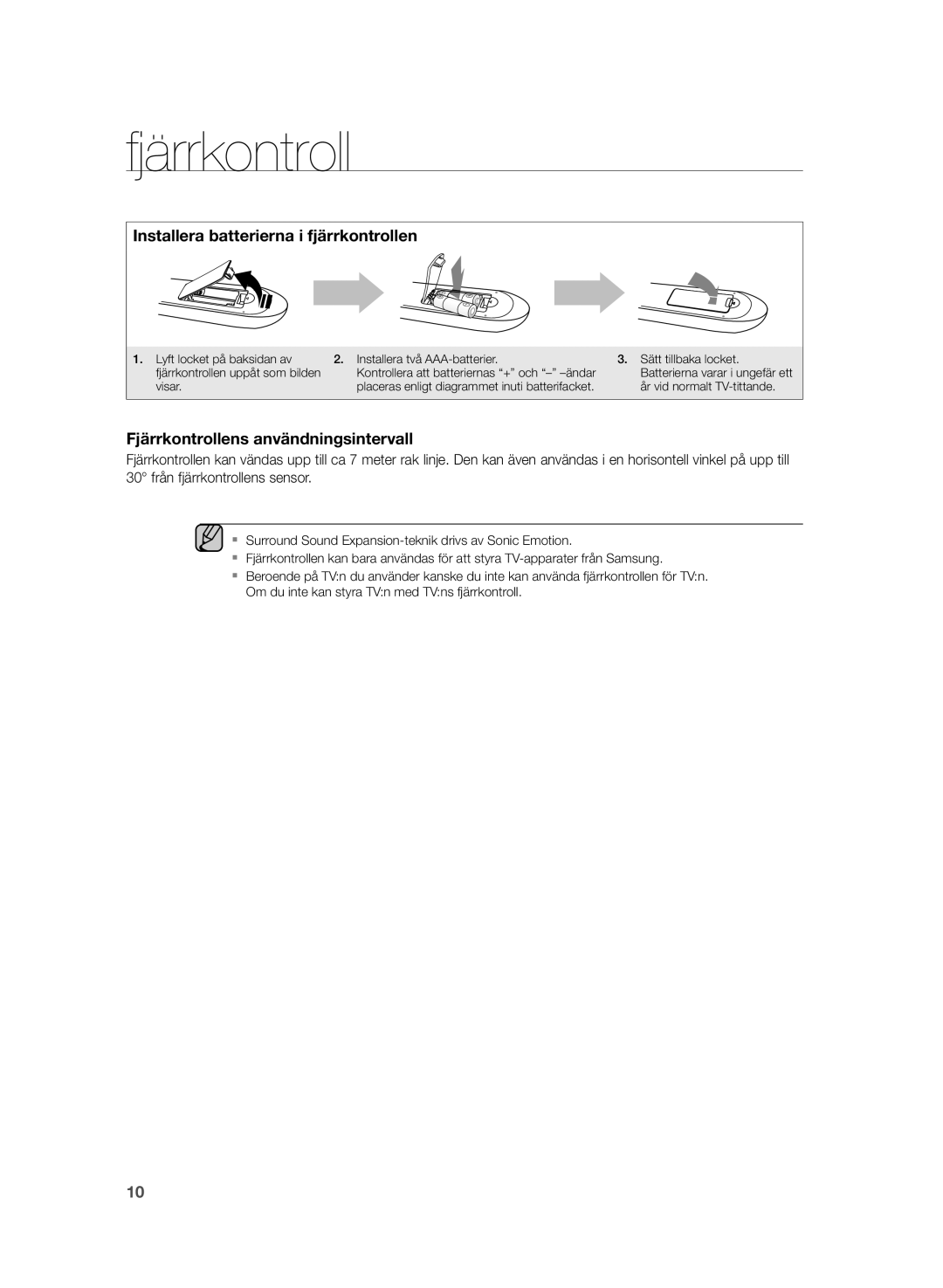 Samsung HW-H355/XE manual Installera batterierna i fjärrkontrollen, Fjärrkontrollens användningsintervall 