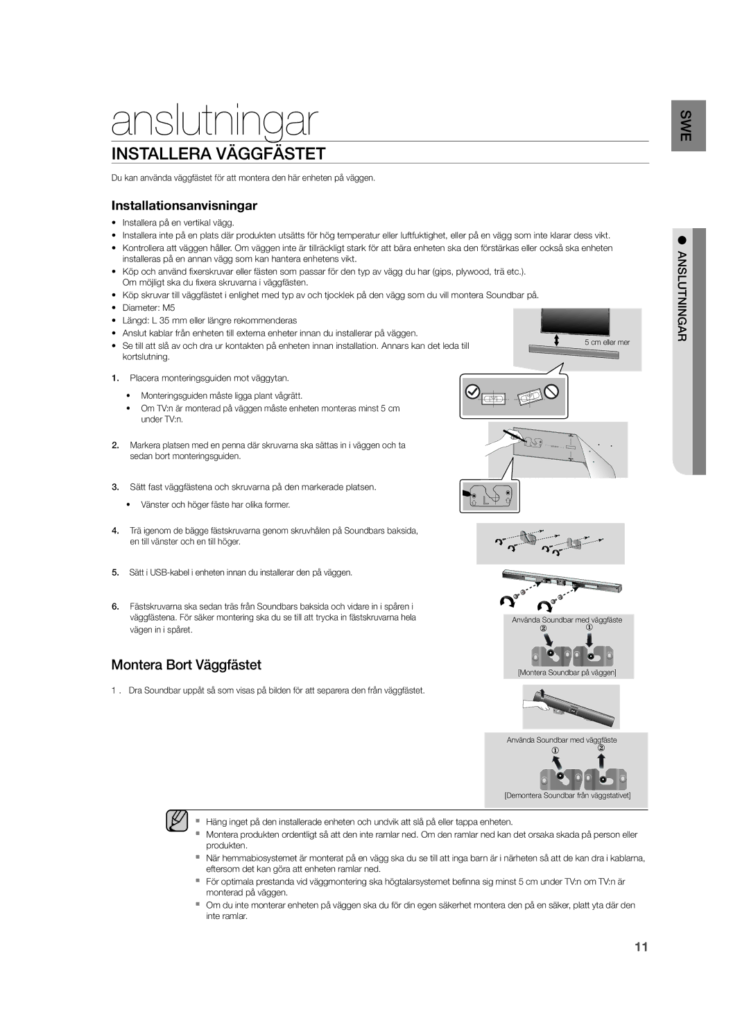 Samsung HW-H355/XE manual Anslutningar, Installera Väggfästet, Installationsanvisningar 