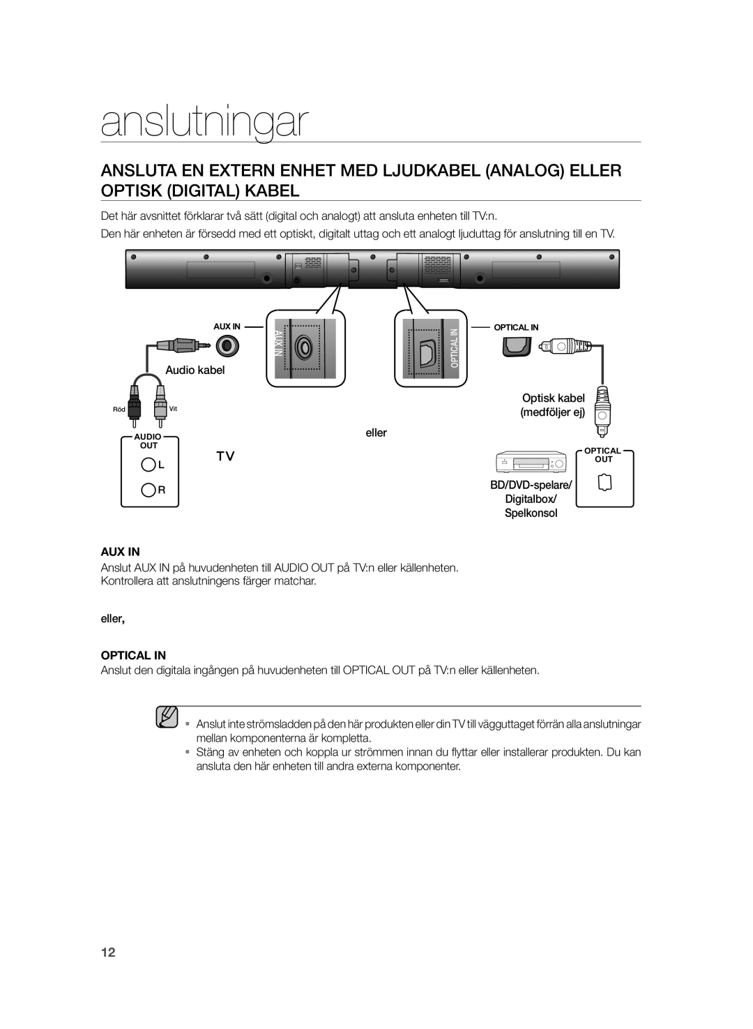 Samsung HW-H355/XE manual Audio kabel, Optisk kabel, Medföljer ej 