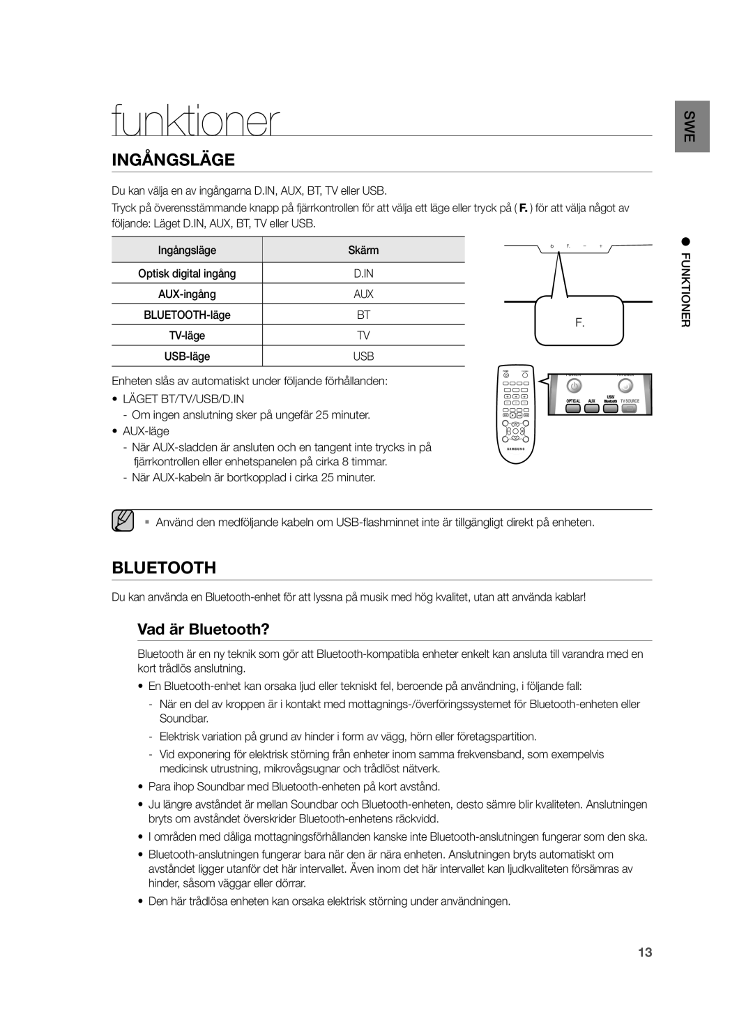 Samsung HW-H355/XE manual Funktioner, Vad är Bluetooth?, Läget BT/TV/USB/D.IN 