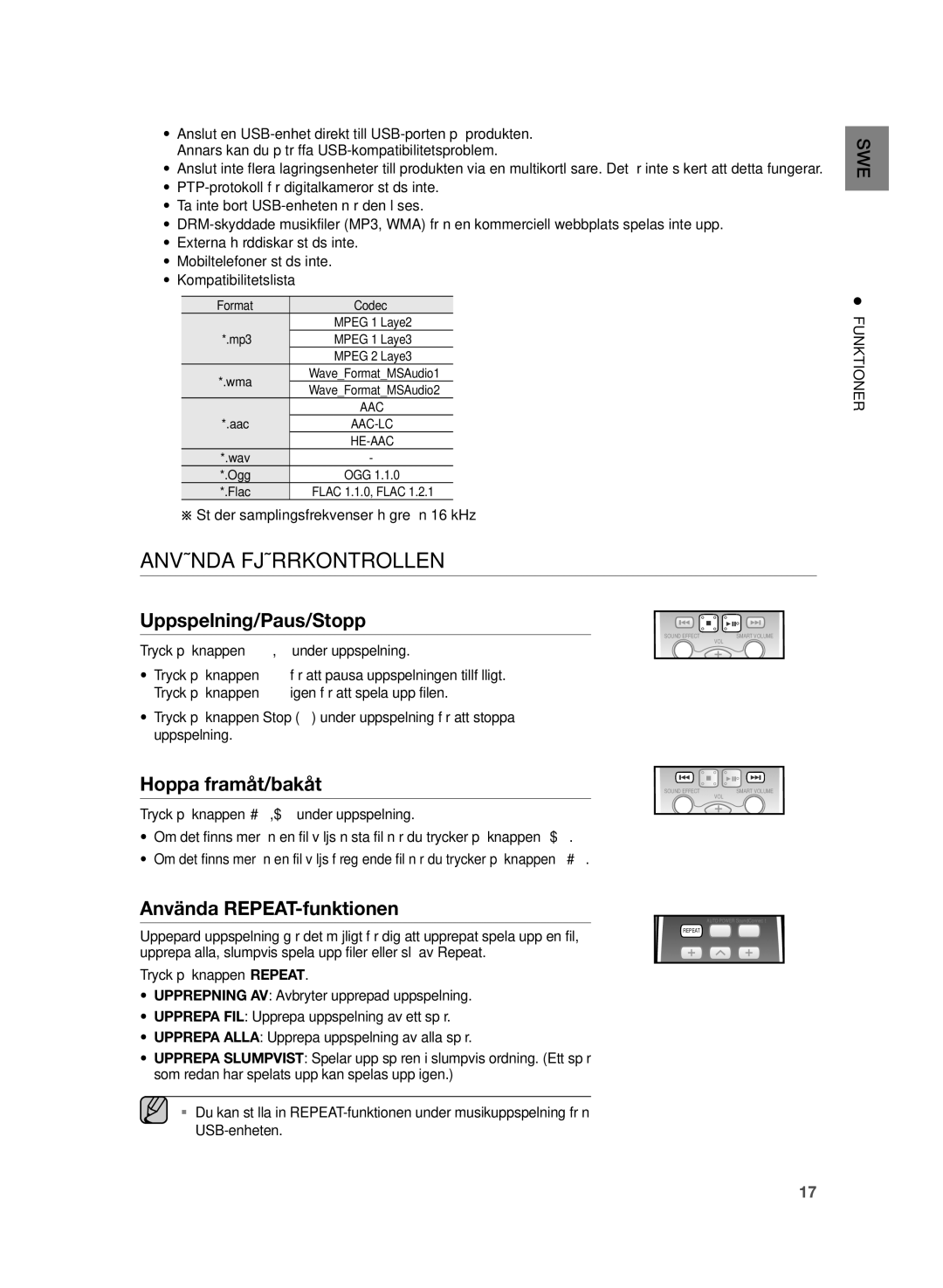 Samsung HW-H355/XE manual Använda Fjärrkontrollen, Uppspelning/Paus/Stopp, Hoppa framåt/bakåt, Använda REPEAT-funktionen 