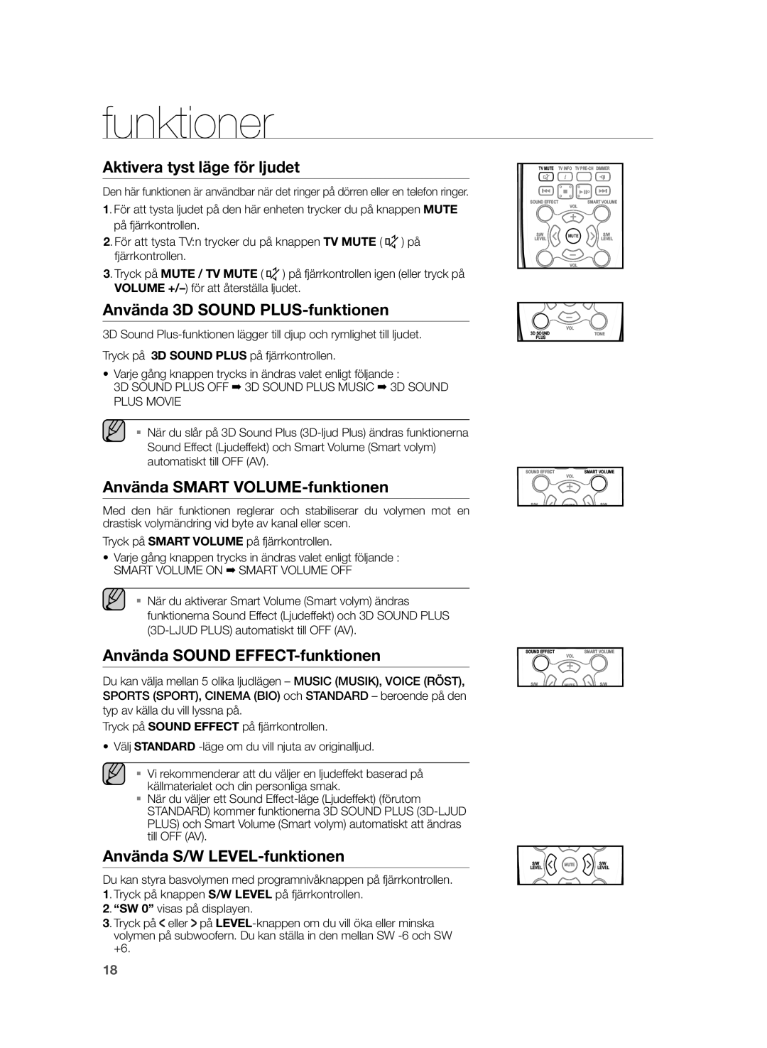 Samsung HW-H355/XE manual Aktivera tyst läge för ljudet, Använda 3D Sound PLUS-funktionen, Använda Smart VOLUME-funktionen 