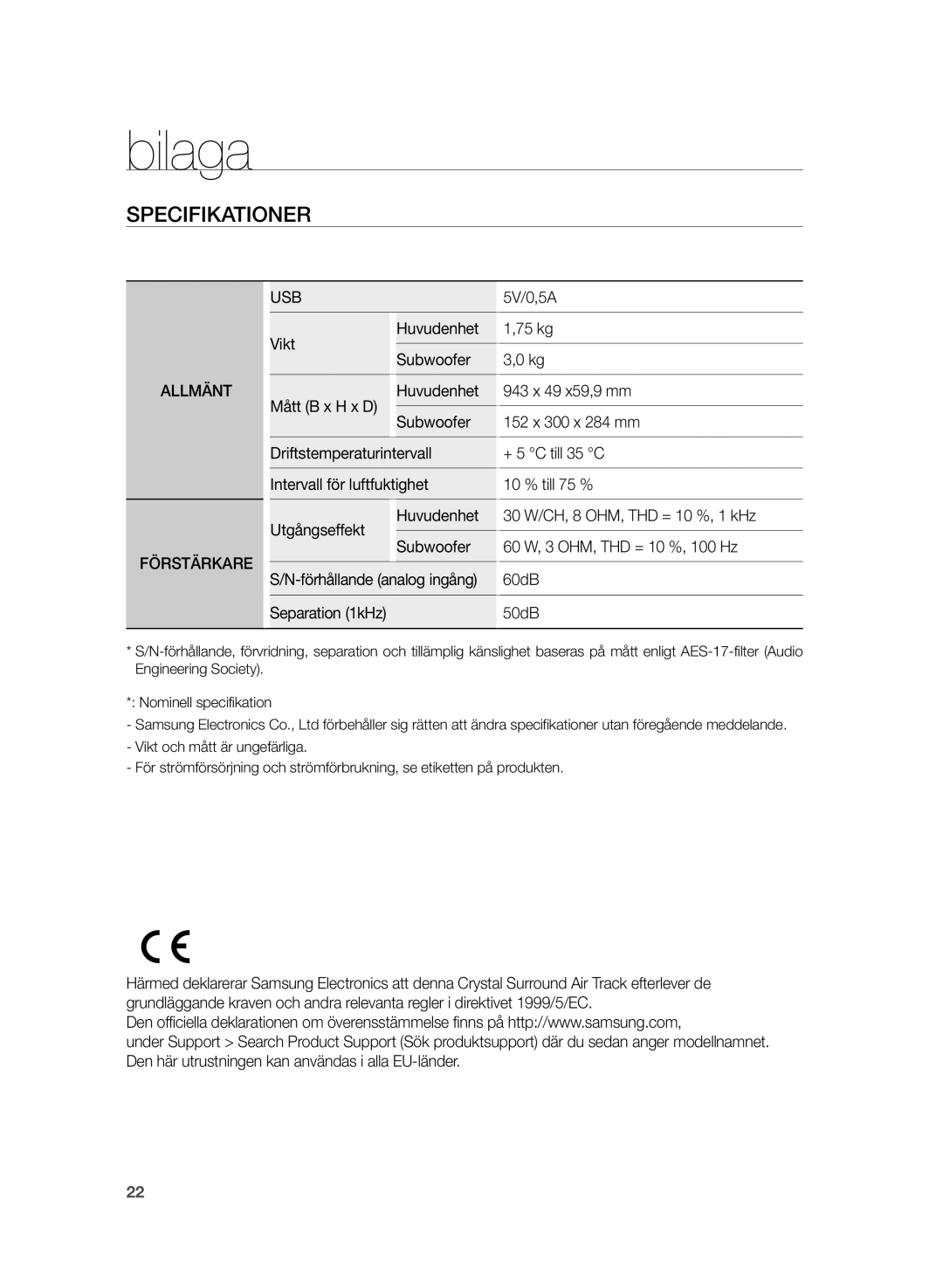 Samsung HW-H355/XE manual Bilaga, Specifikationer 