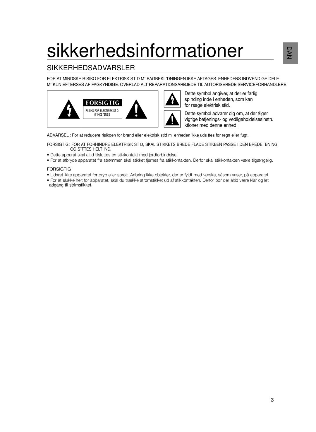 Samsung HW-H355/XE manual Sikkerhedsinformationer, Sikkerhedsadvarsler 