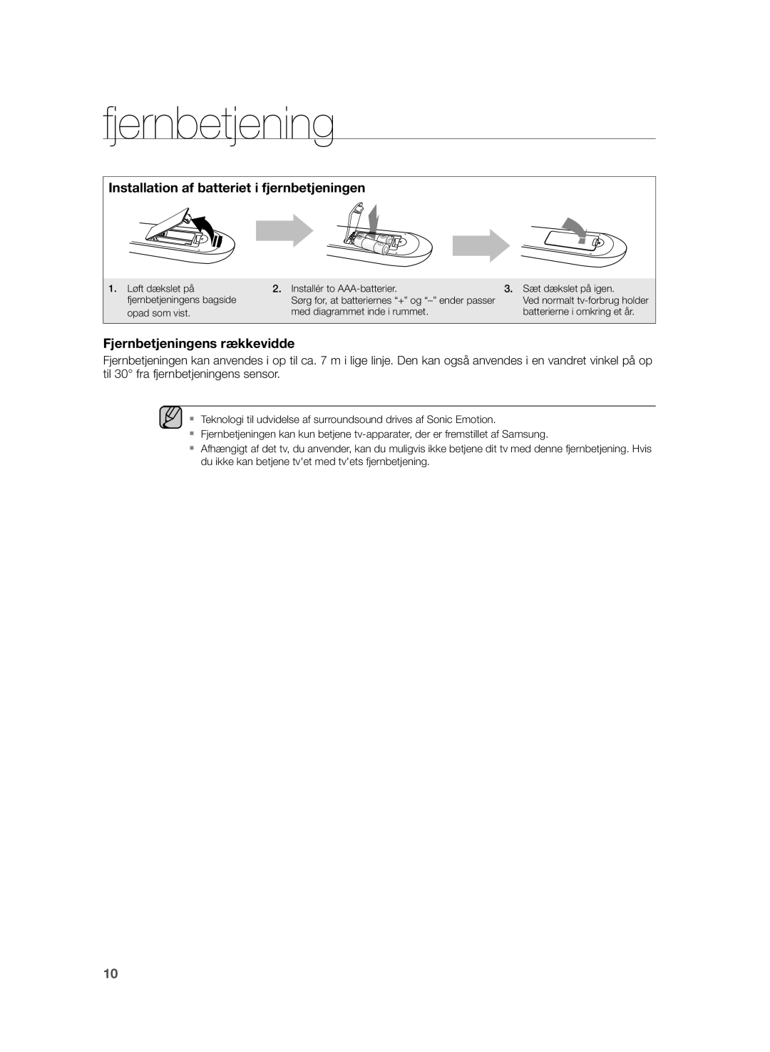 Samsung HW-H355/XE manual Installation af batteriet i fjernbetjeningen, Fjernbetjeningens rækkevidde 