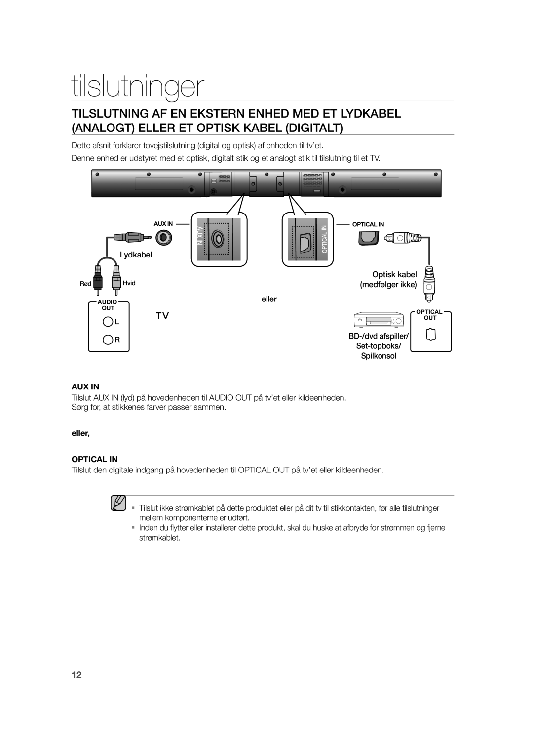 Samsung HW-H355/XE manual Lydkabel, Medfølger ikke 