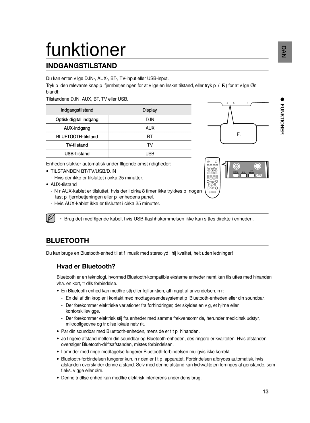 Samsung HW-H355/XE Hvad er Bluetooth?, Enheden slukker automatisk under følgende omstændigheder, Tilstanden BT/TV/USB/D.IN 