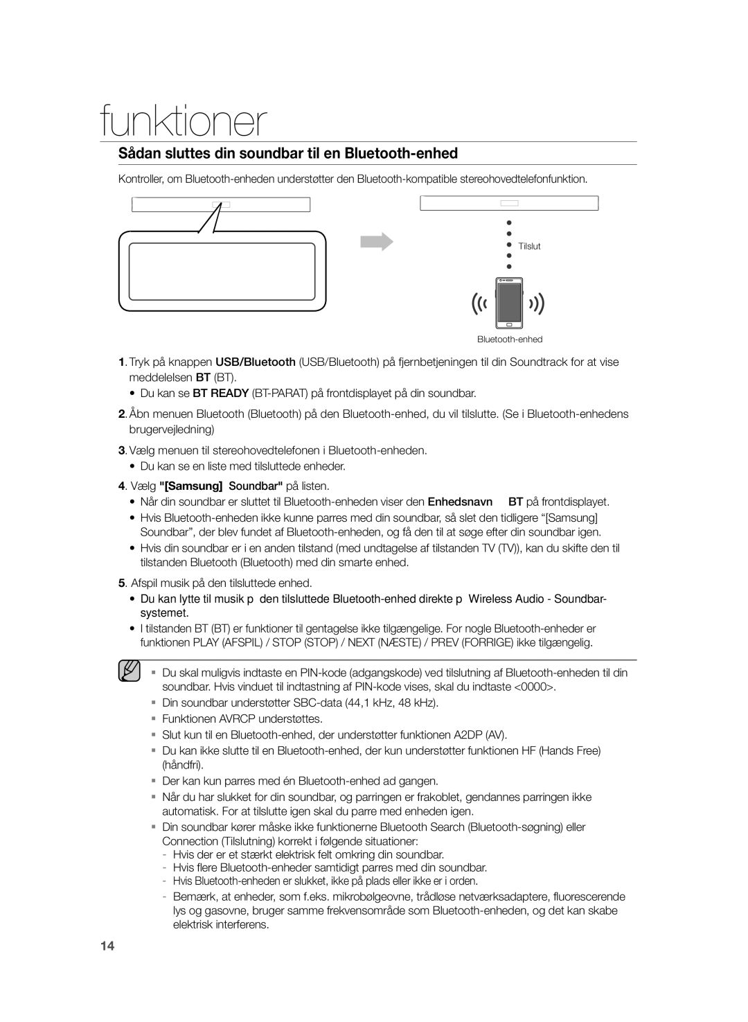 Samsung HW-H355/XE manual Sådan sluttes din soundbar til en Bluetooth-enhed 