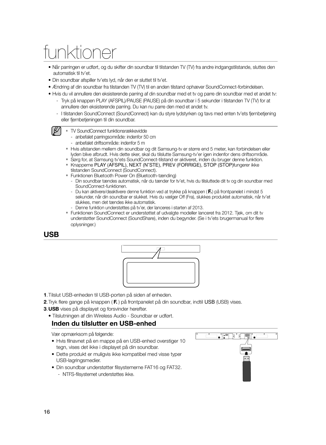 Samsung HW-H355/XE manual Inden du tilslutter en USB-enhed 