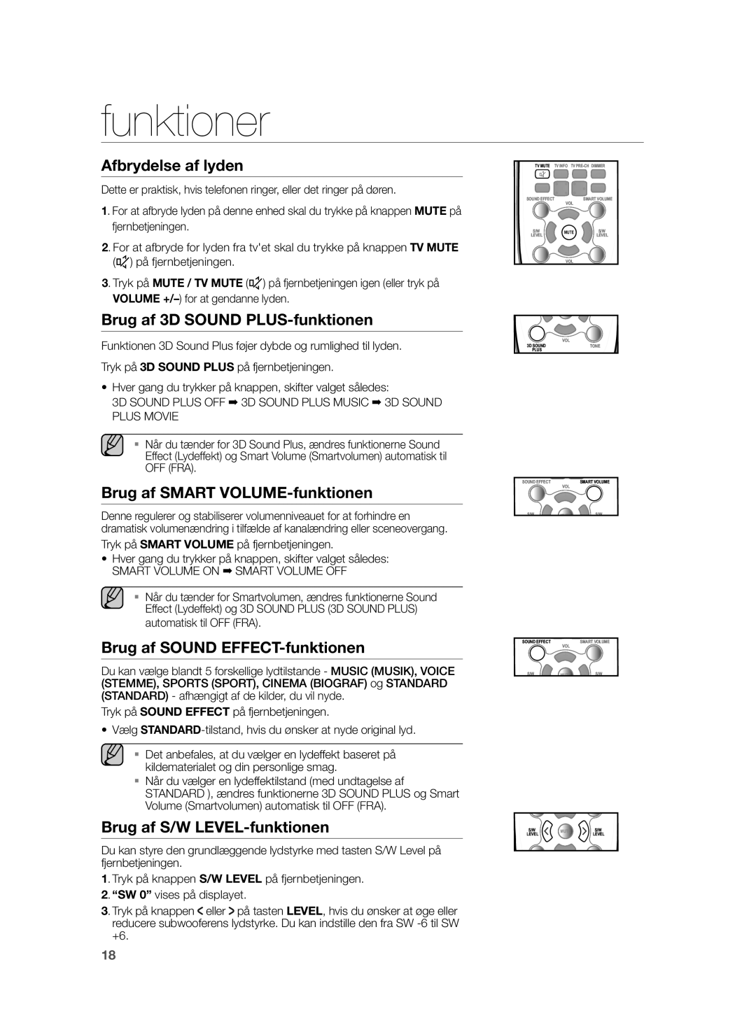 Samsung HW-H355/XE manual Afbrydelse af lyden, Brug af 3D Sound PLUS-funktionen, Brug af Smart VOLUME-funktionen 