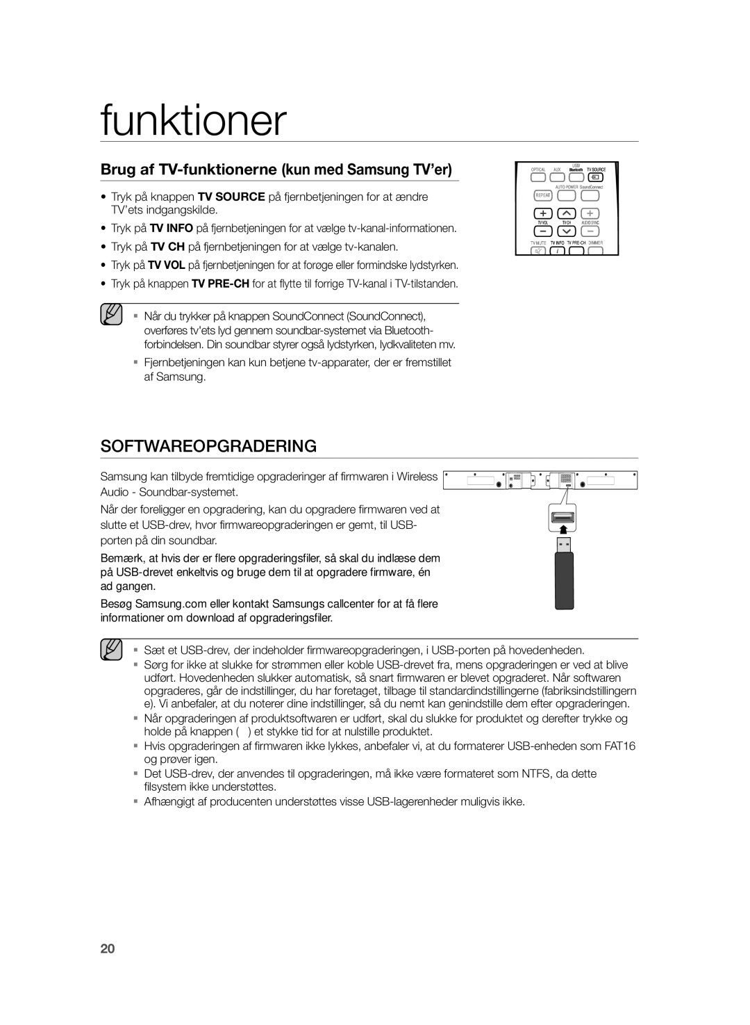 Samsung HW-H355/XE manual Softwareopgradering, Brug af TV-funktionerne kun med Samsung TV’er 