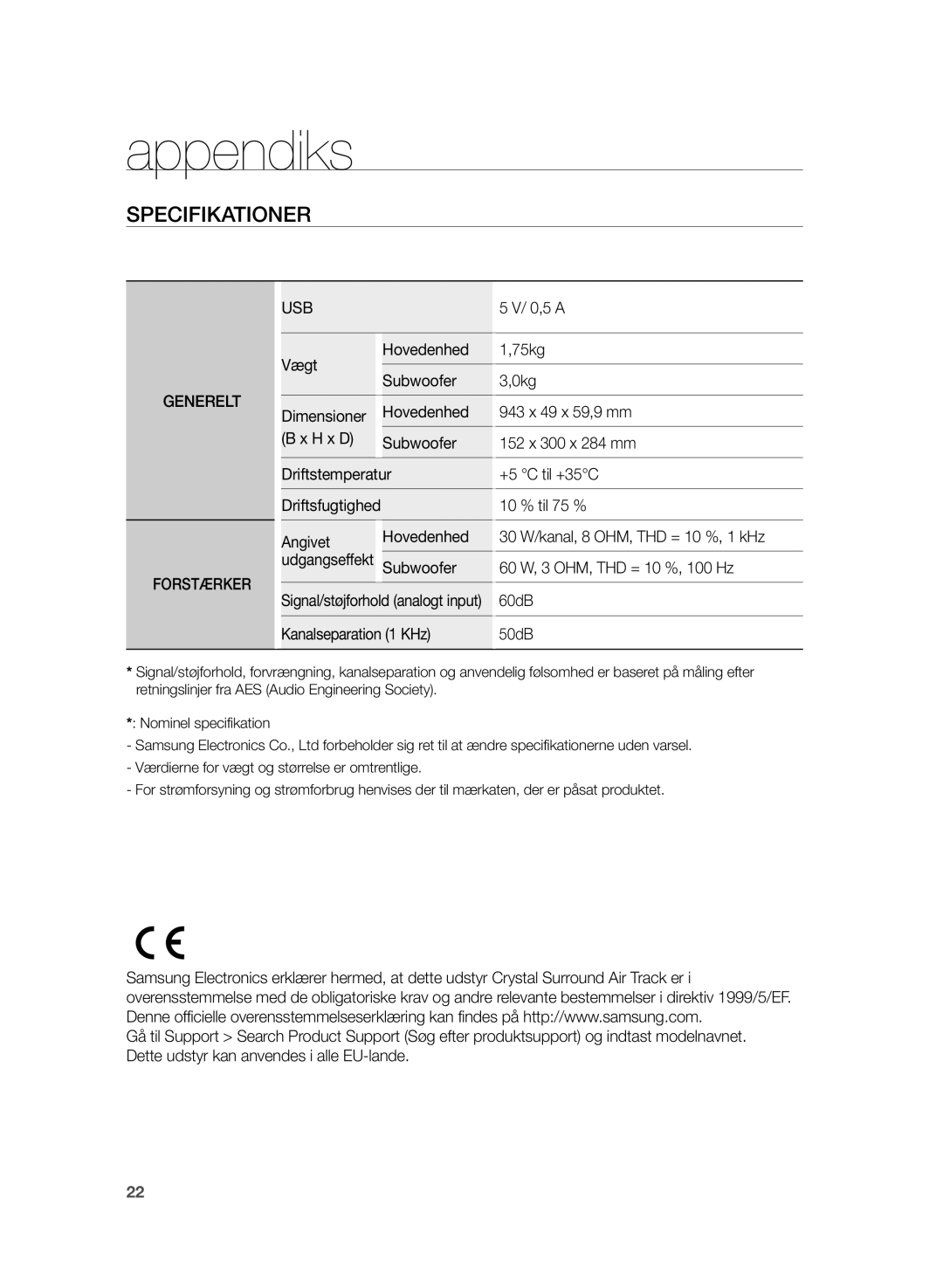 Samsung HW-H355/XE manual Appendiks, Signal/støjforhold analogt input 