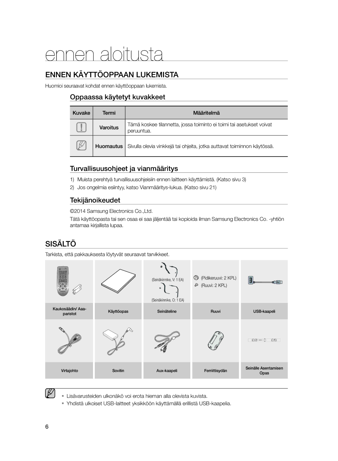 Samsung HW-H355/XE manual Ennen aloitusta, Ennen Käyttöoppaan Lukemista, Sisältö 