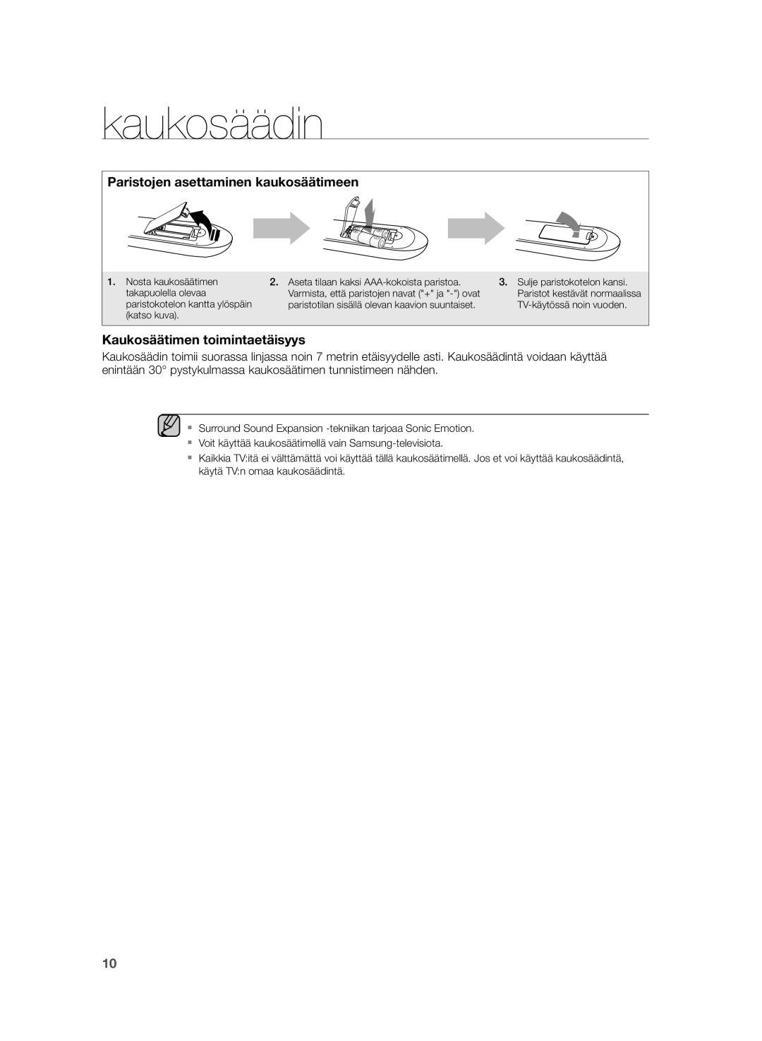 Samsung HW-H355/XE manual Paristojen asettaminen kaukosäätimeen, Kaukosäätimen toimintaetäisyys 