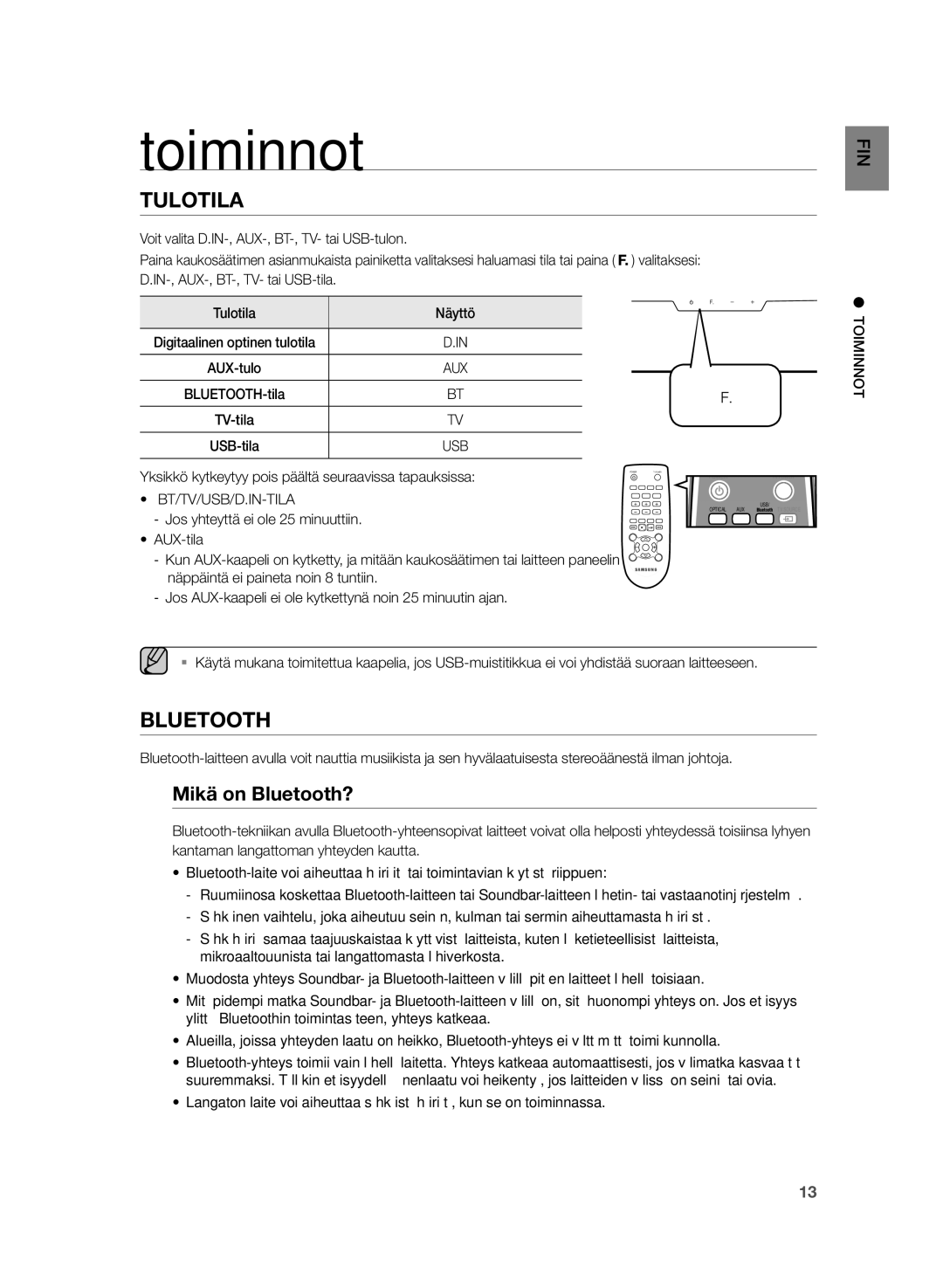 Samsung HW-H355/XE manual Toiminnot, Mikä on Bluetooth?, Bt/Tv/Usb/D.In-Tila 