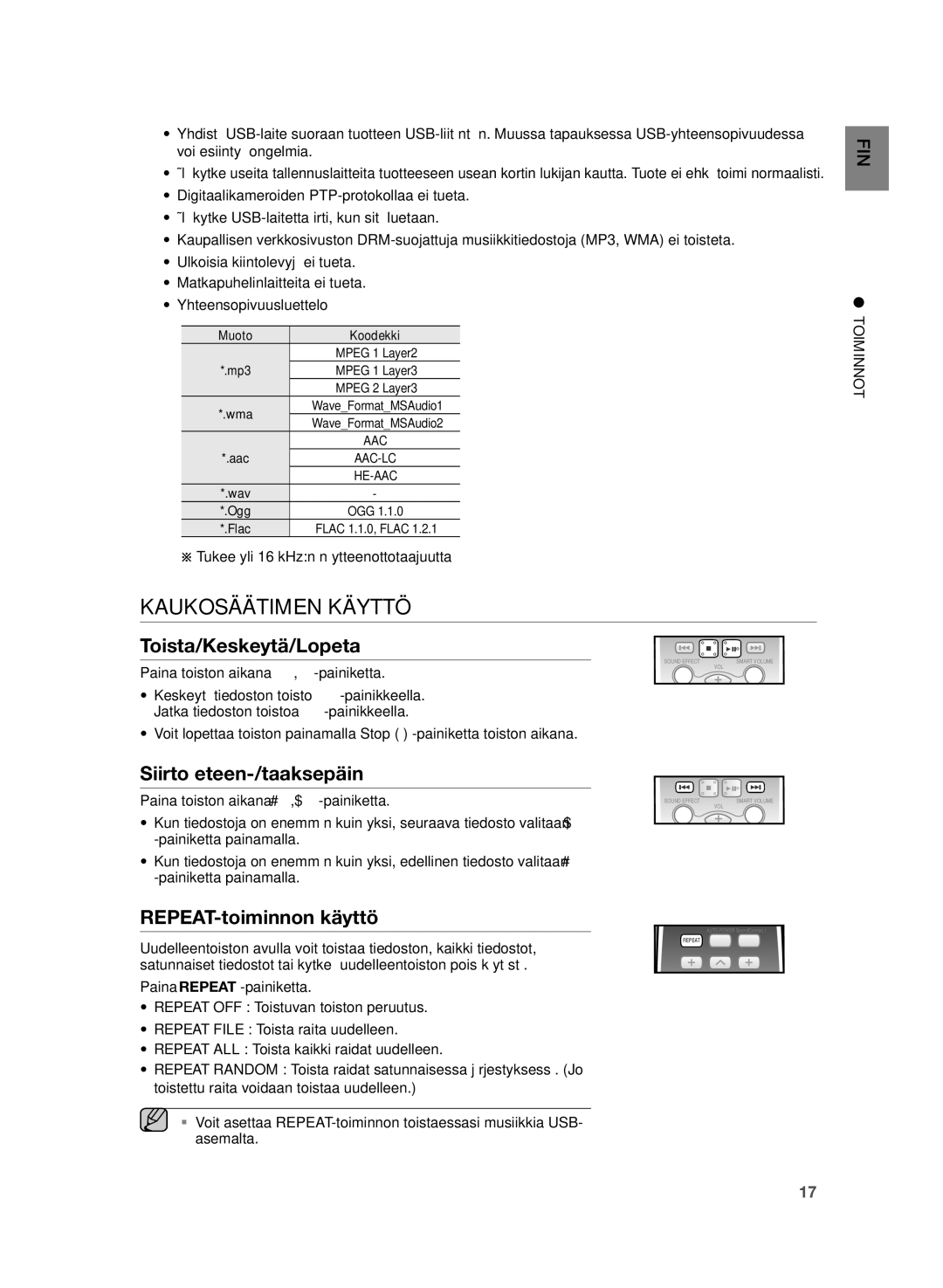 Samsung HW-H355/XE manual Kaukosäätimen Käyttö, Toista/Keskeytä/Lopeta, Siirto eteen-/taaksepäin, REPEAT-toiminnon käyttö 