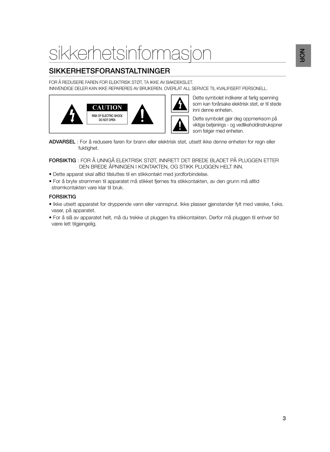 Samsung HW-H355/XE manual Sikkerhetsinformasjon, Sikkerhetsforanstaltninger, Forsiktig 