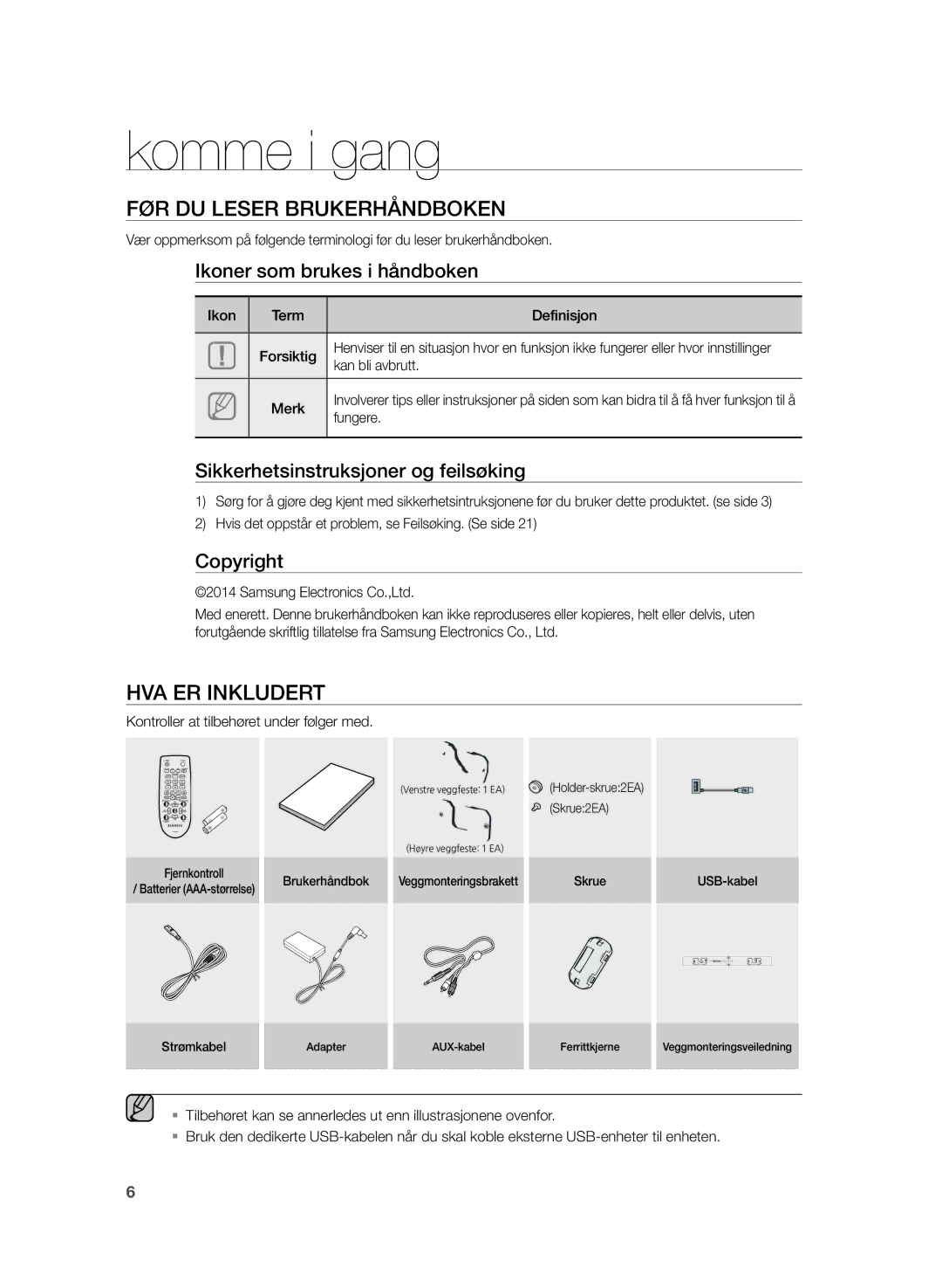 Samsung HW-H355/XE manual Komme i gang, FØR DU Leser Brukerhåndboken, HVA ER Inkludert 