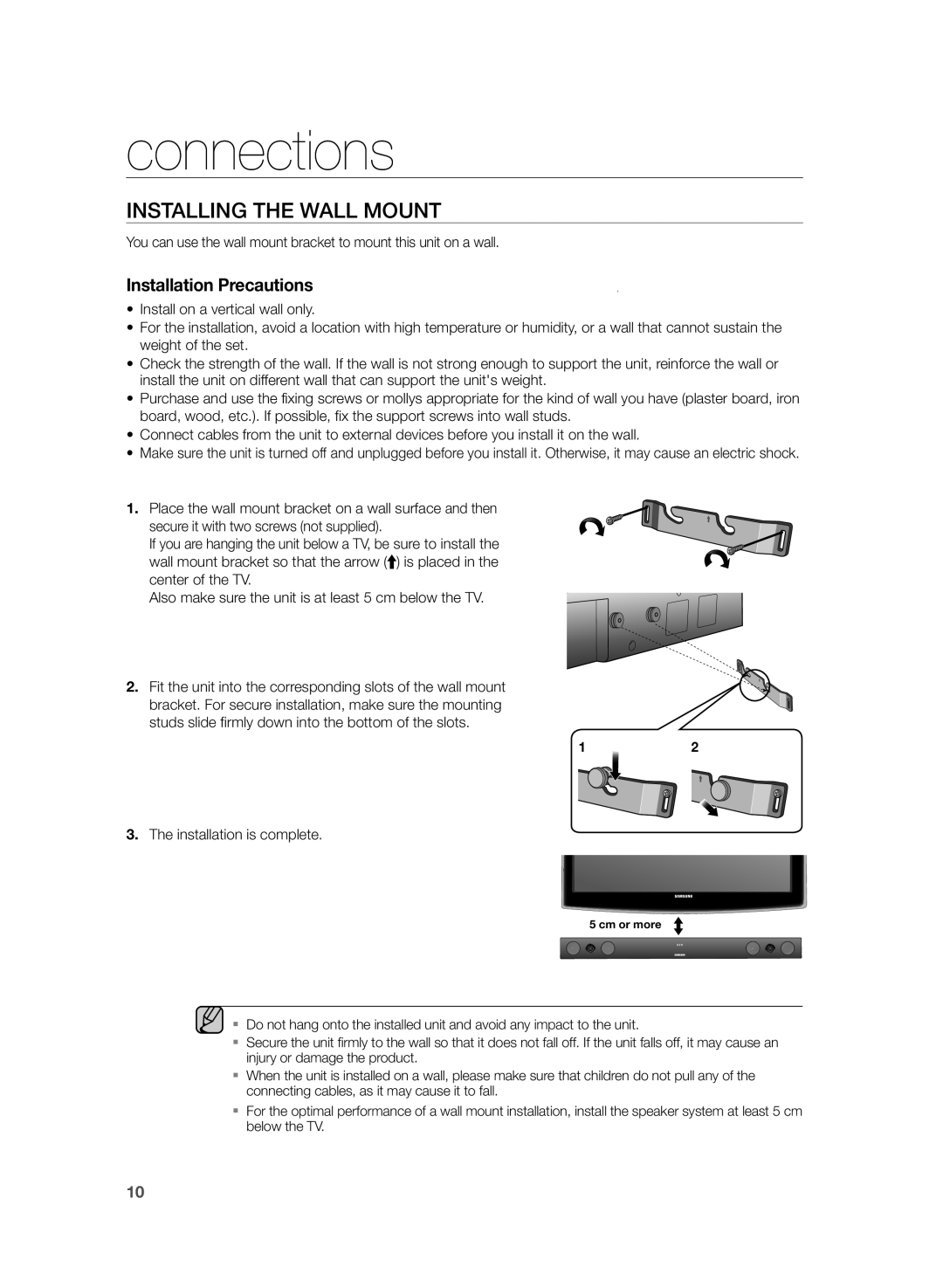 Samsung HW-H430/EN, HW-H430/XN manual Connections, Installing the Wall Mount, Installation is complete 