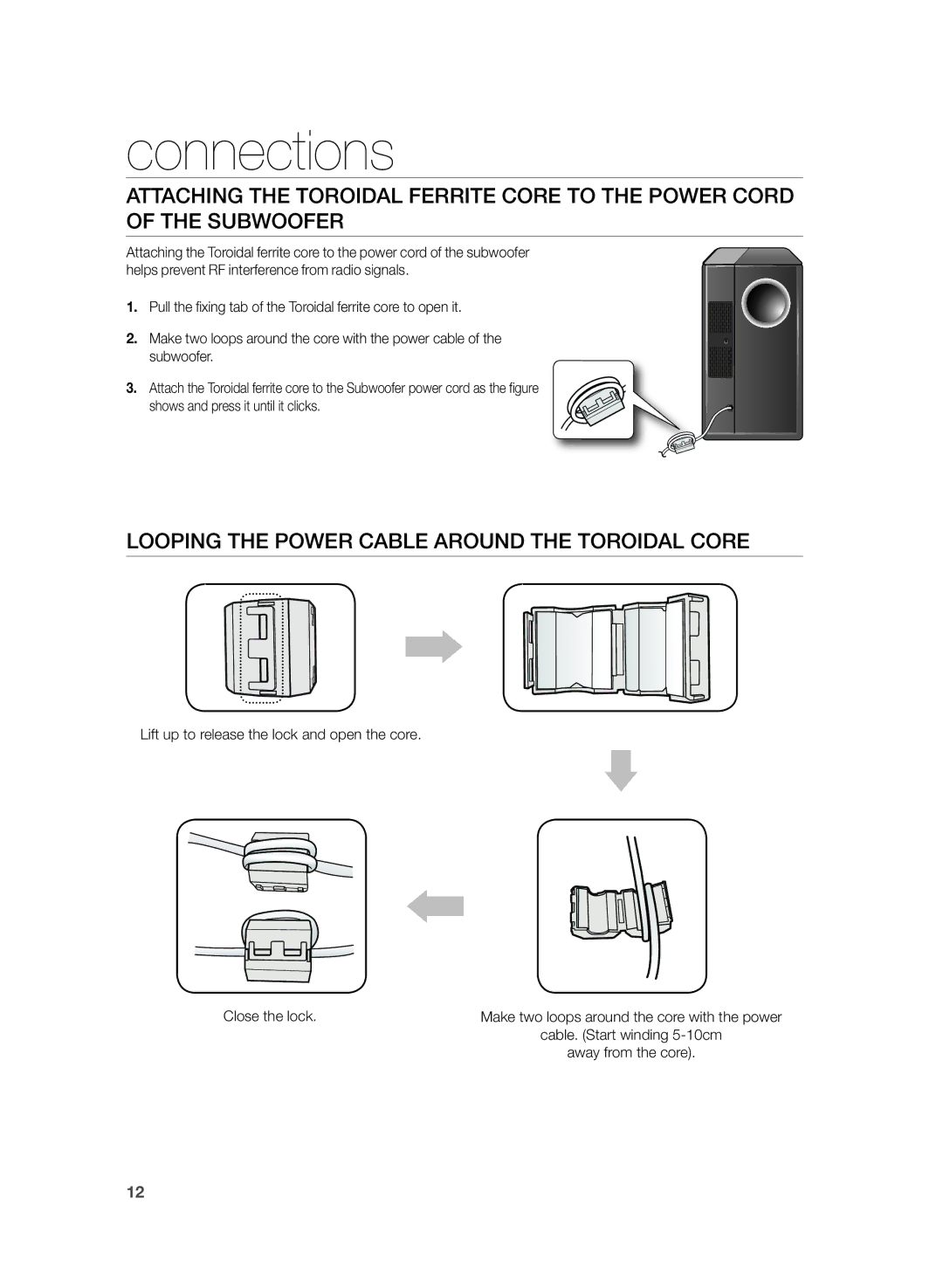 Samsung HW-H430/EN manual Looping the Power Cable around the Toroidal Core, Make two loops around the core with the power 