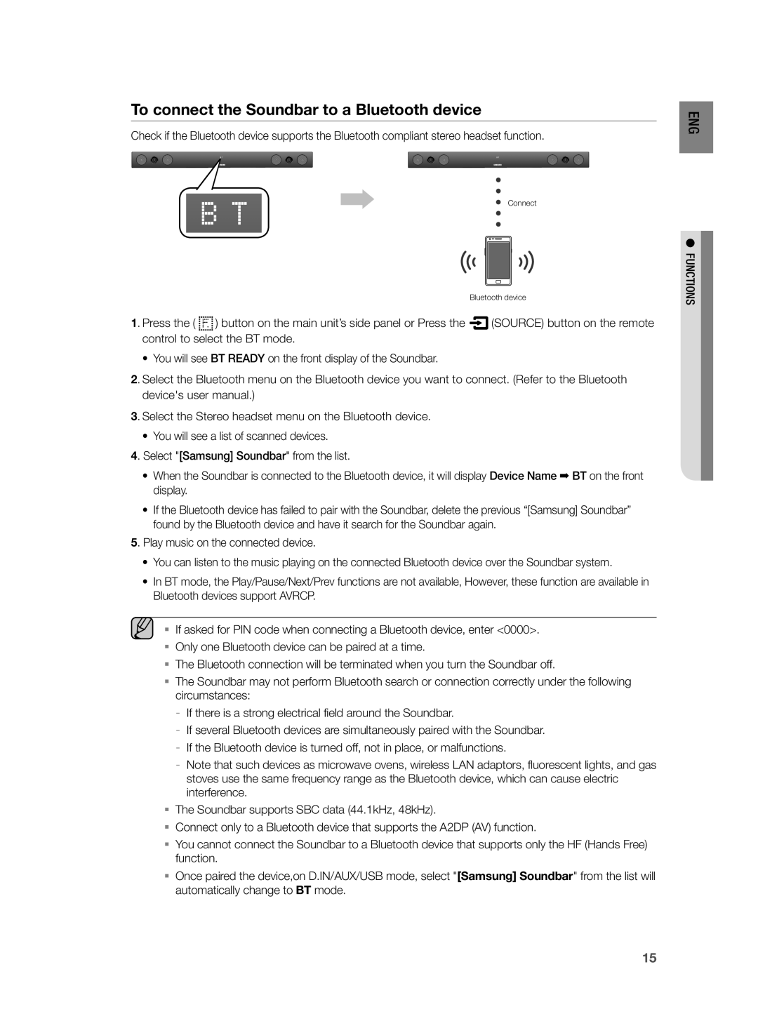 Samsung HW-H430/XN, HW-H430/EN manual To connect the Soundbar to a Bluetooth device, Press, Functions 