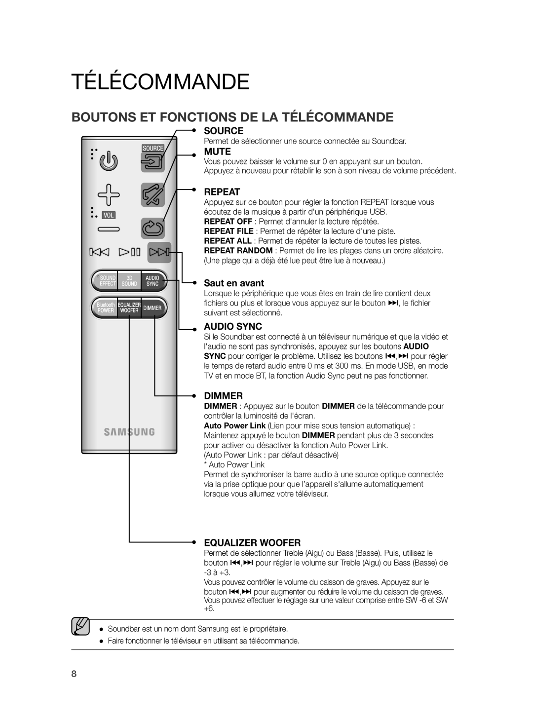 Samsung HW-H430/XN, HW-H430/EN manual Télécommande, Permet de sélectionner une source connectée au Soundbar 