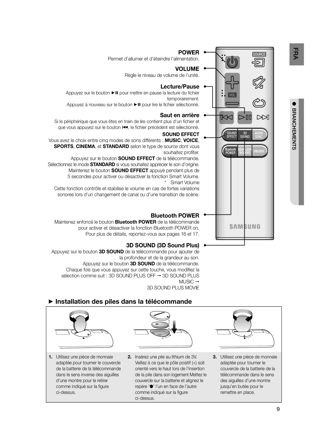 Samsung HW-H430/EN manual ++Installation des piles dans la télécommande, Permet d’allumer et d’éteindre l’alimentation 