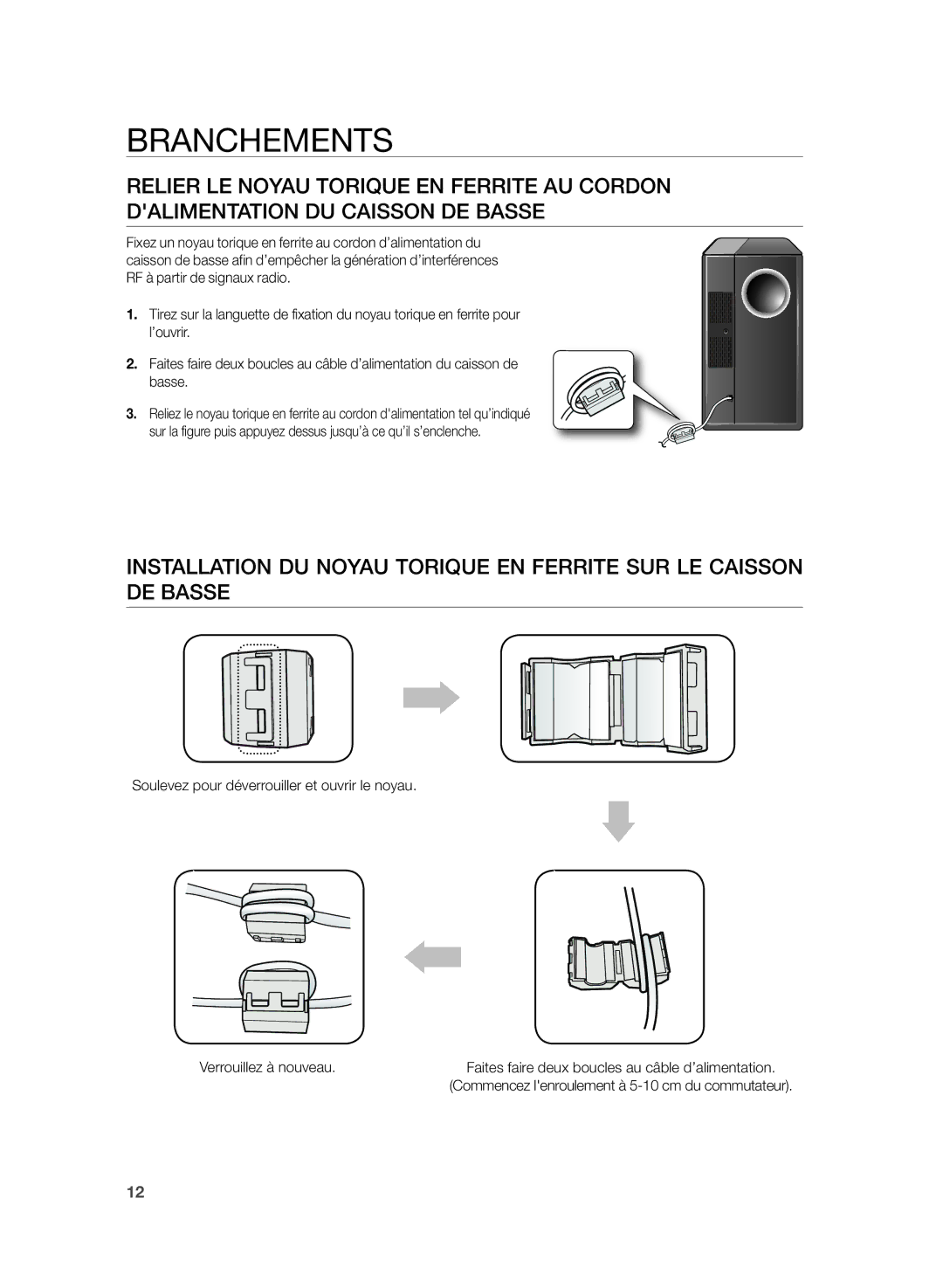 Samsung HW-H430/XN Faites faire deux boucles au câble d’alimentation, Commencez lenroulement à 5-10 cm du commutateur 