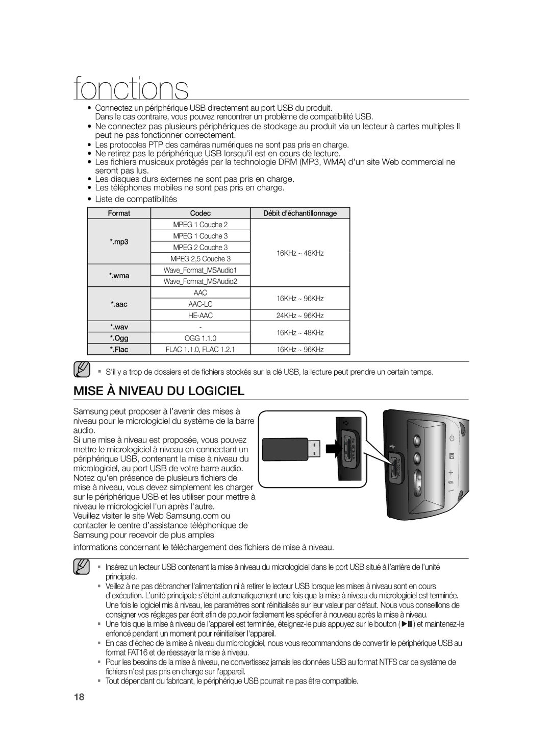 Samsung HW-H430/XN, HW-H430/EN manual Mise À Niveau DU Logiciel, Format Codec Débit déchantillonnage 