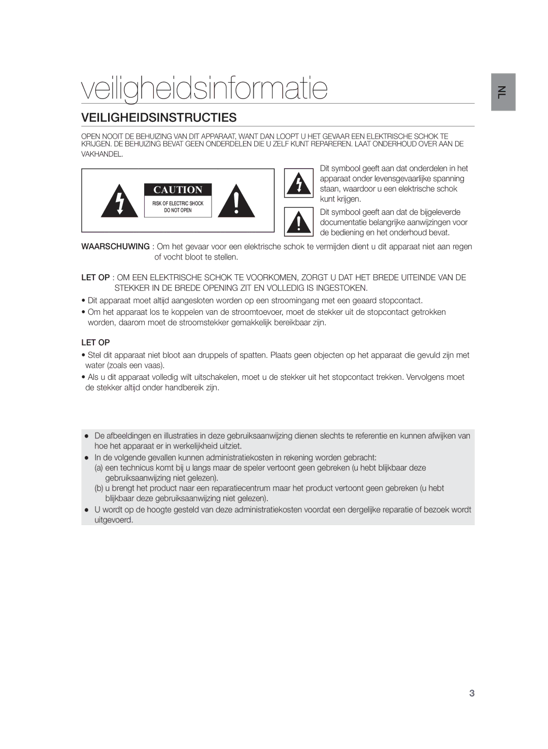 Samsung HW-H430/XN, HW-H430/EN manual Veiligheidsinformatie, Veiligheidsinstructies, Let Op 