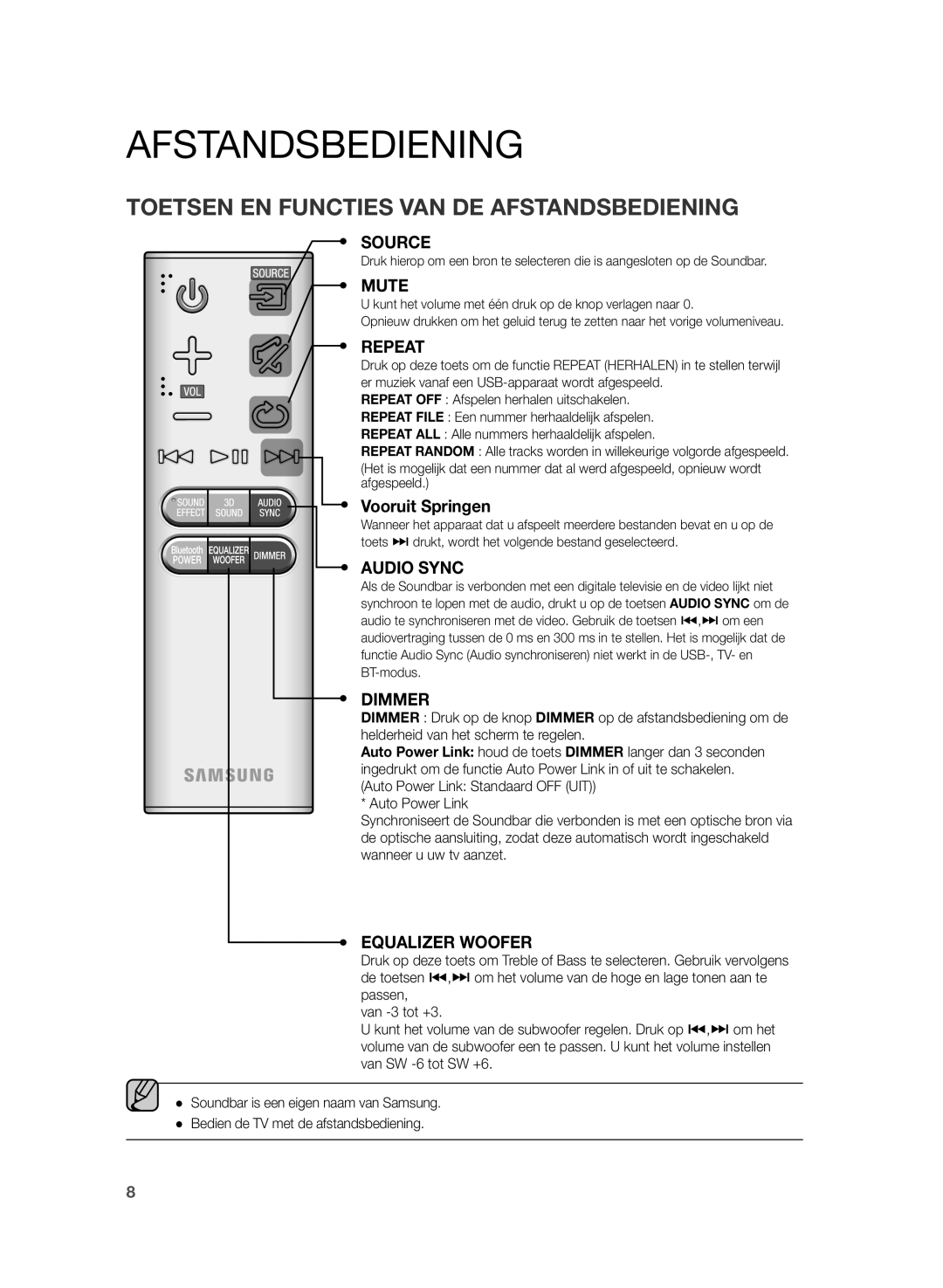 Samsung HW-H430/EN, HW-H430/XN manual Afstandsbediening 