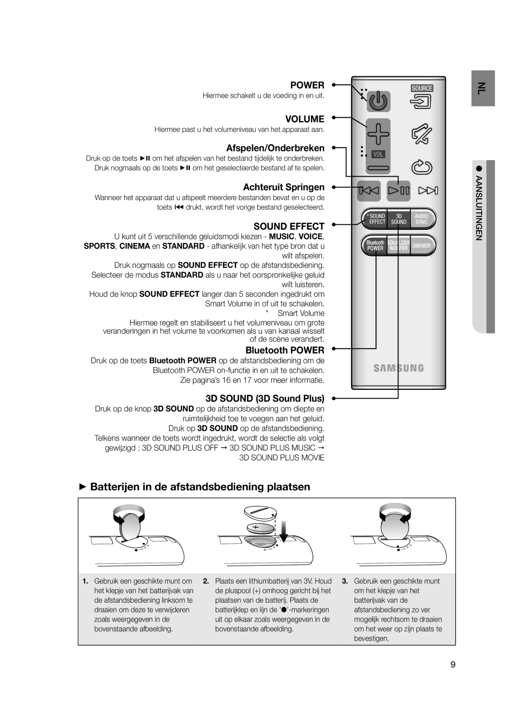 Samsung HW-H430/XN, HW-H430/EN manual ++Batterijen in de afstandsbediening plaatsen, 3D Sound Plus Movie, Aansluitingen 