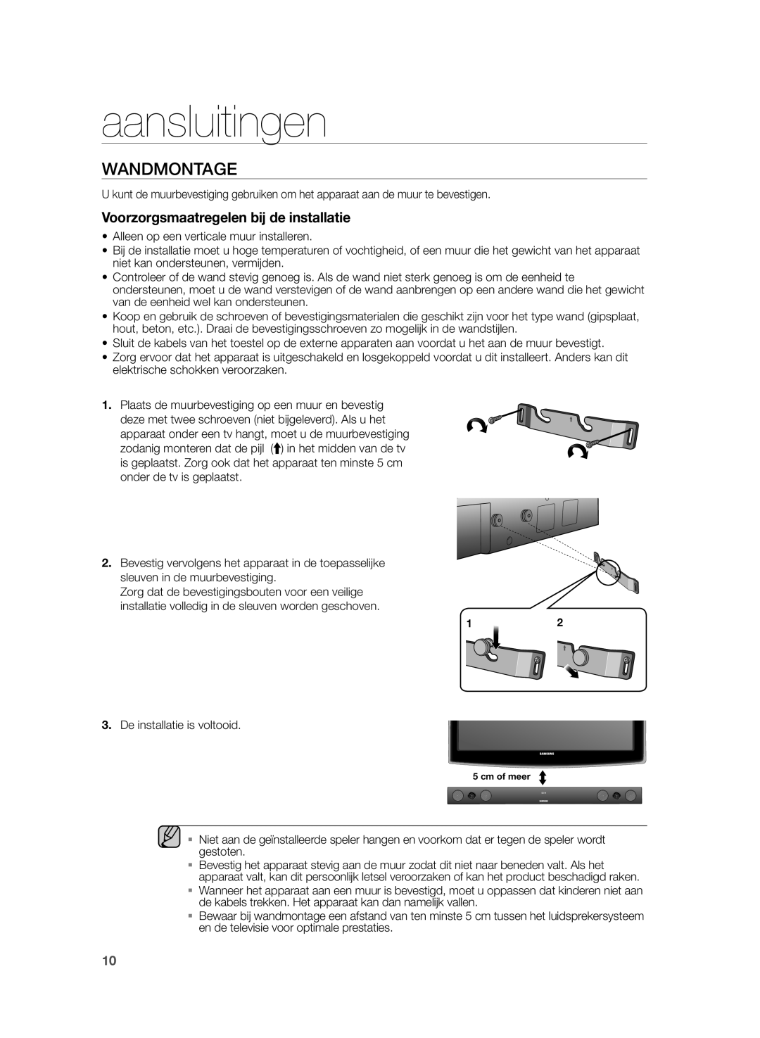 Samsung HW-H430/EN, HW-H430/XN manual Aansluitingen, Wandmontage, De installatie is voltooid 