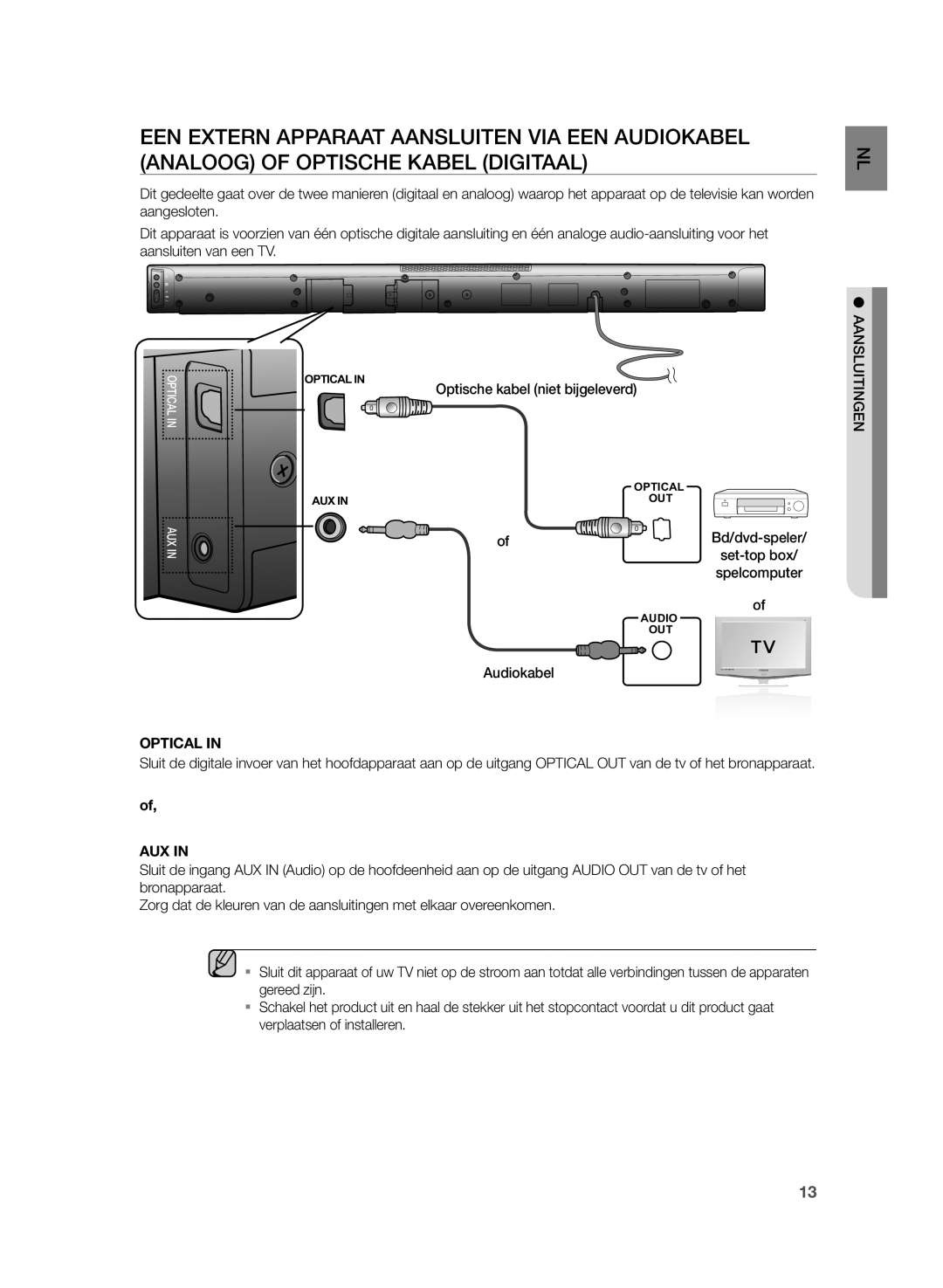 Samsung HW-H430/XN, HW-H430/EN manual Optische kabel niet bijgeleverd 