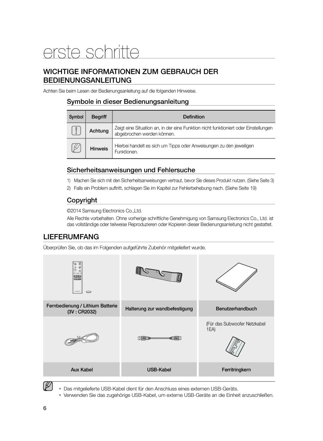 Samsung HW-H430/XN, HW-H430/EN Erste schritte, Wichtige Informationen ZUM Gebrauch DER Bedienungsanleitung, Lieferumfang 