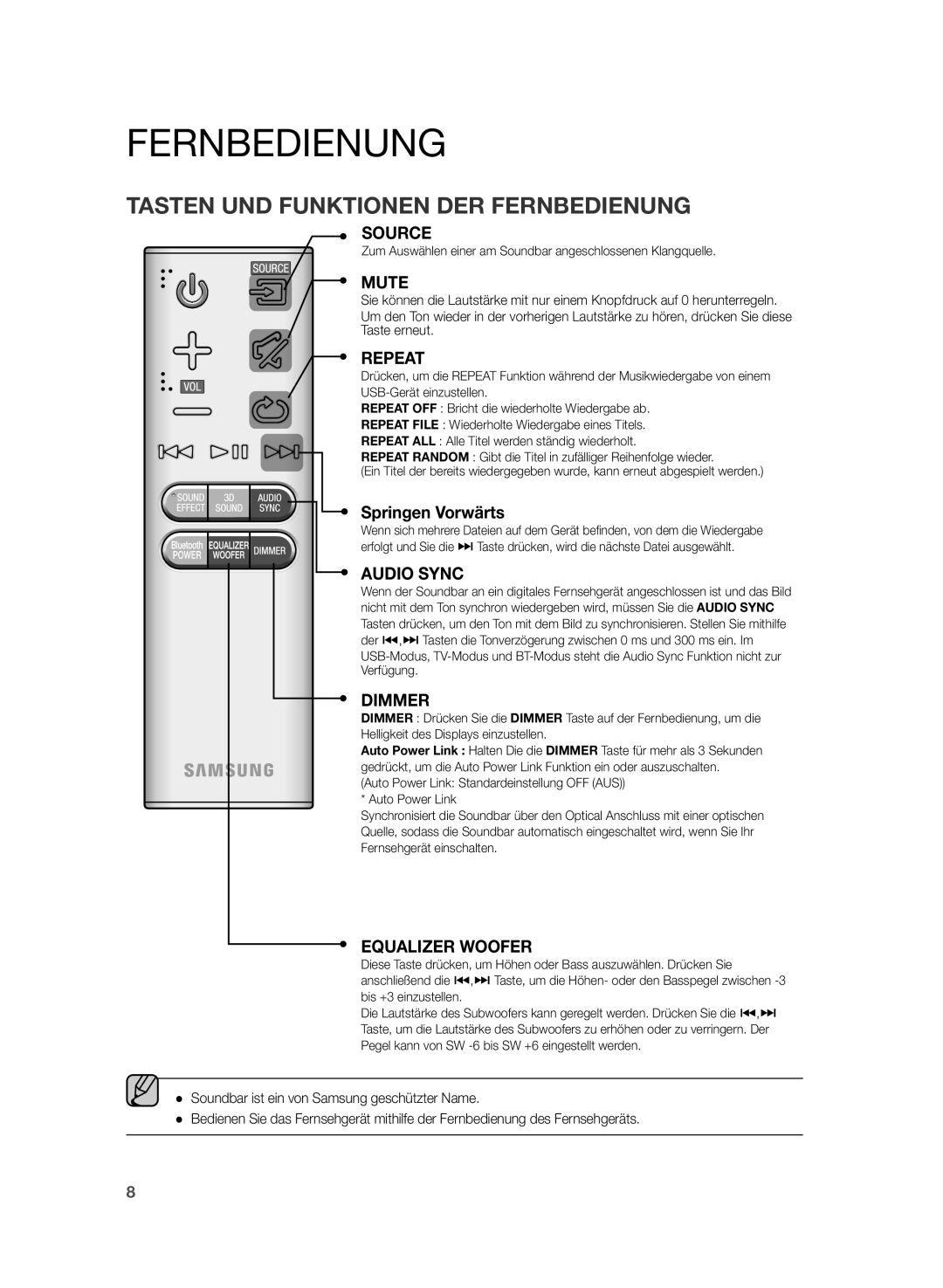 Samsung HW-H430/XN, HW-H430/EN manual Fernbedienung, Zum Auswählen einer am Soundbar angeschlossenen Klangquelle 