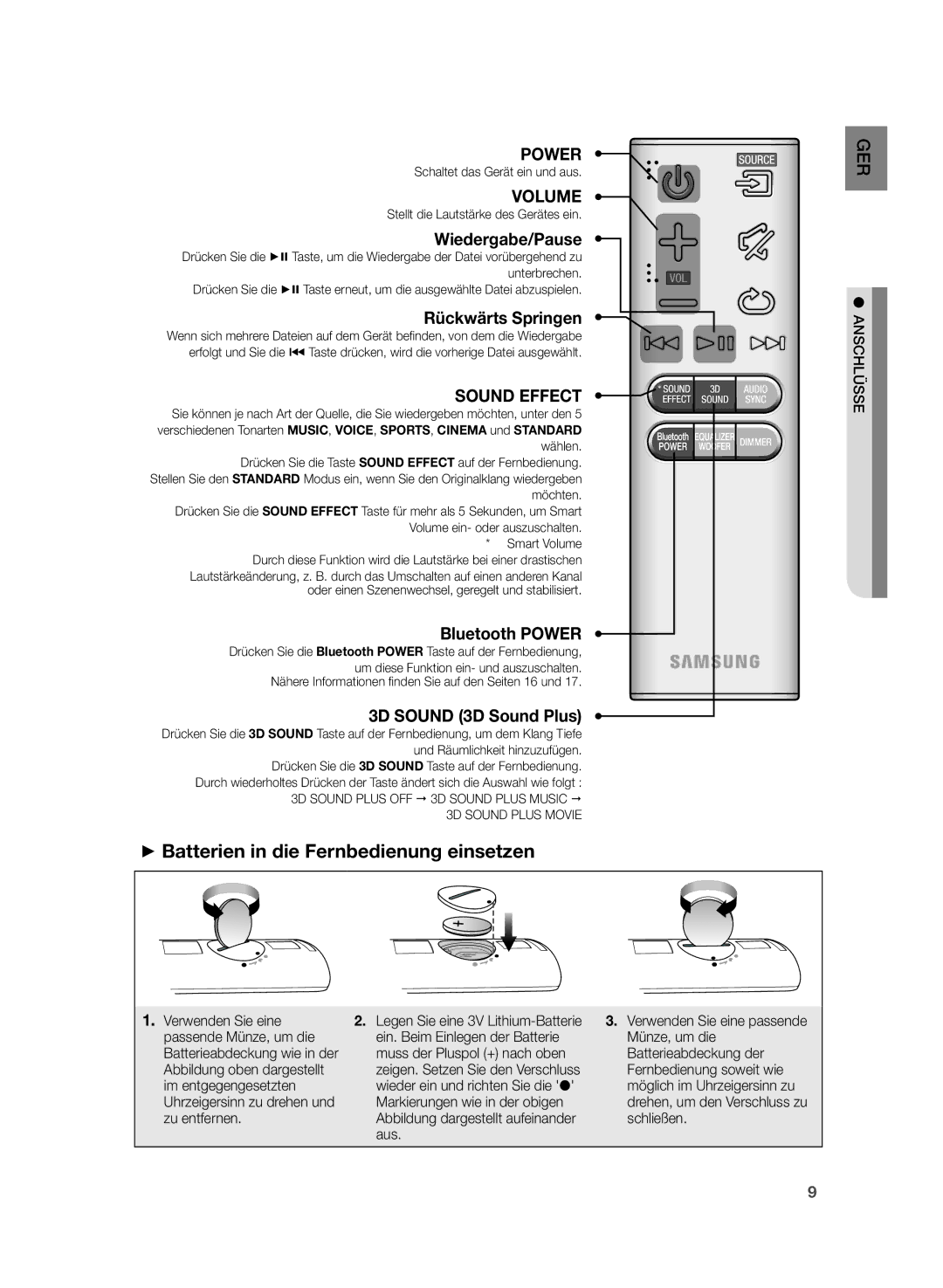 Samsung HW-H430/EN, HW-H430/XN ++Batterien in die Fernbedienung einsetzen, Anschlüsse, Legen Sie eine 3V Lithium-Batterie 