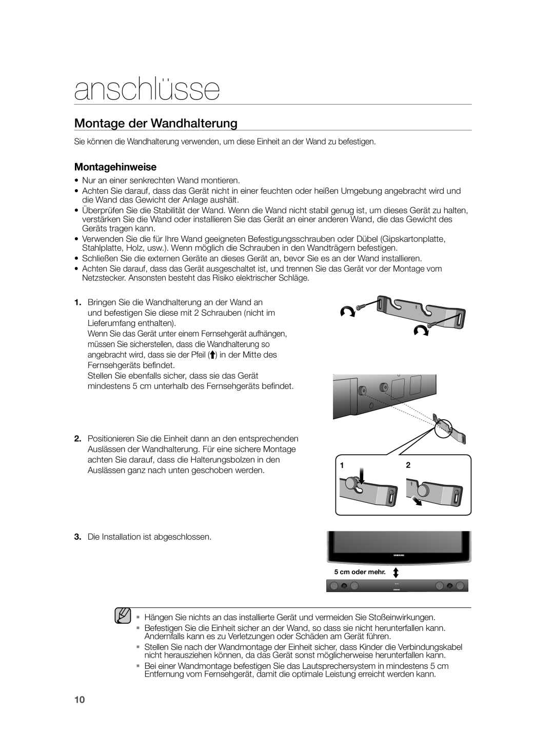 Samsung HW-H430/XN, HW-H430/EN manual Anschlüsse, Montage der Wandhalterung 