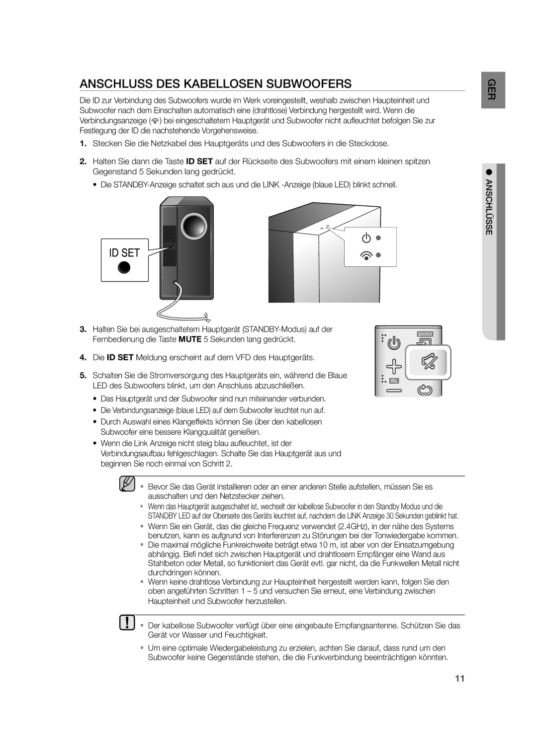 Samsung HW-H430/EN, HW-H430/XN manual Anschluss DES Kabellosen Subwoofers 