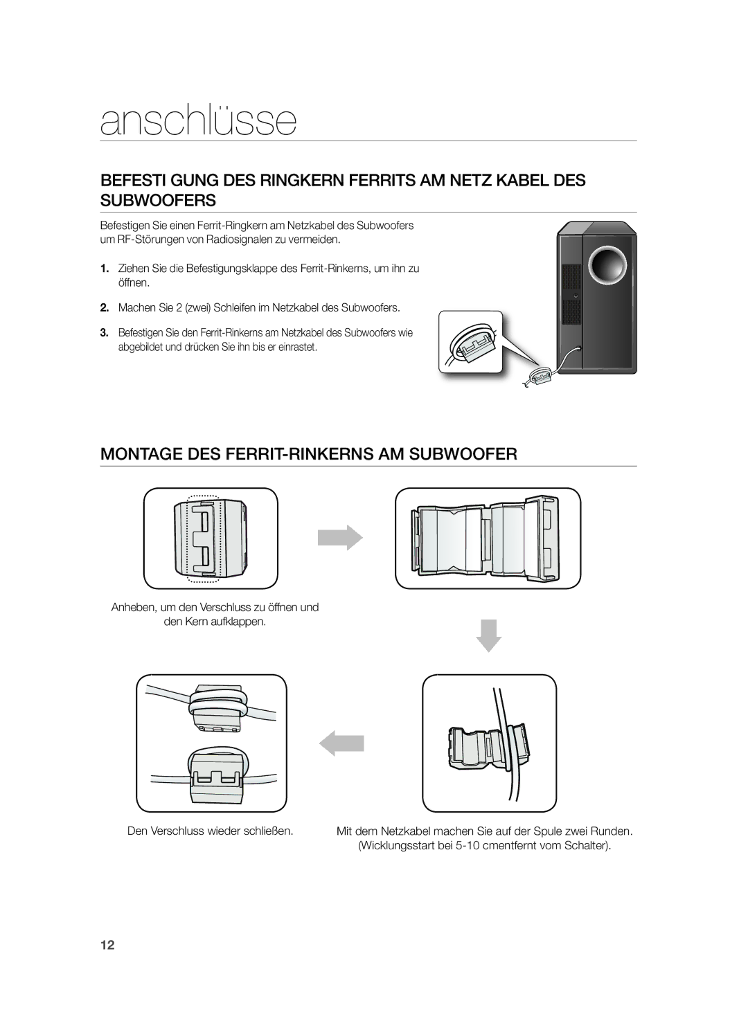 Samsung HW-H430/XN manual Montage DES FERRIT-RINKERNS AM Subwoofer, Mit dem Netzkabel machen Sie auf der Spule zwei Runden 