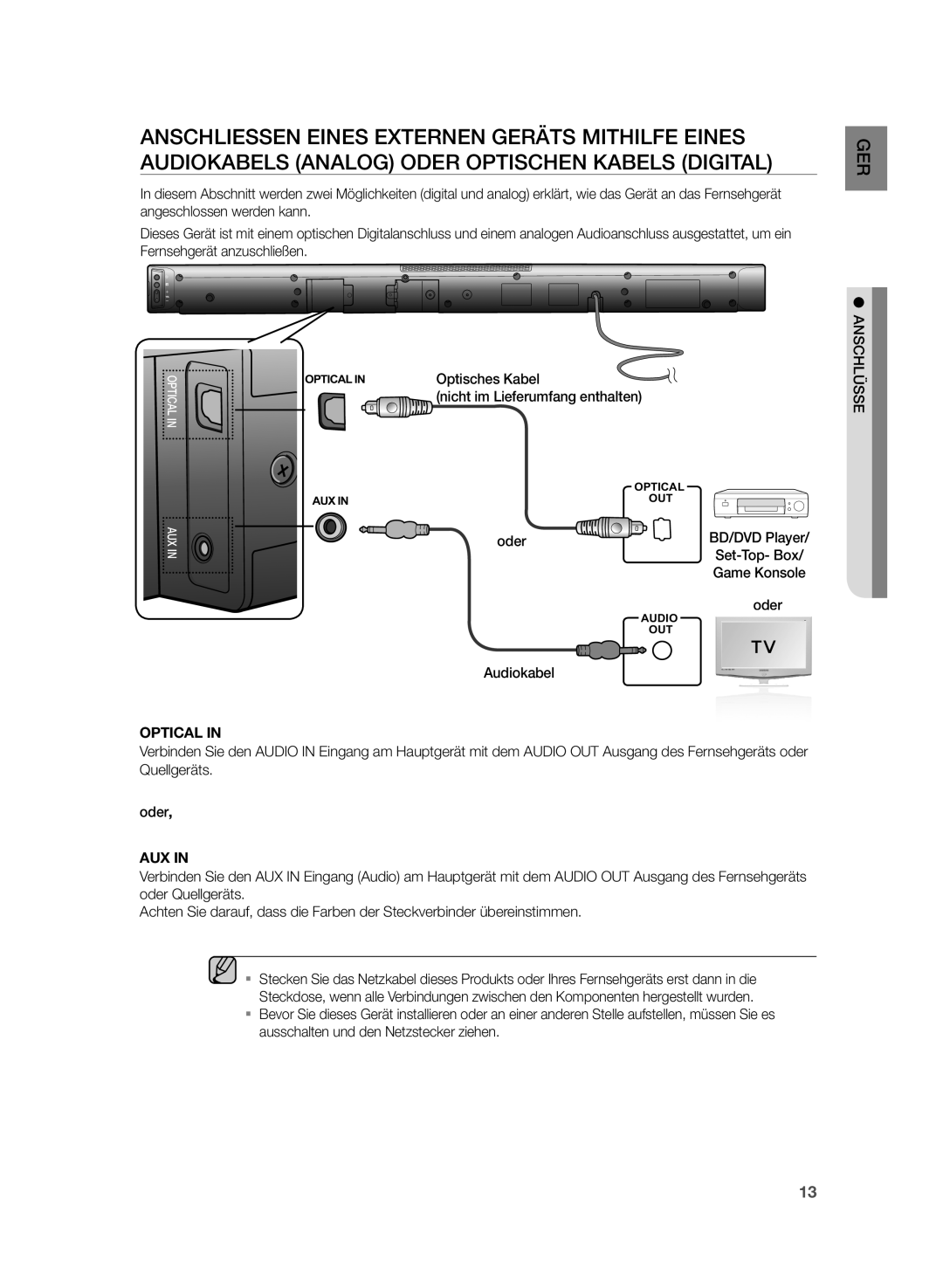 Samsung HW-H430/EN, HW-H430/XN manual Optisches Kabel Nicht im Lieferumfang enthalten 