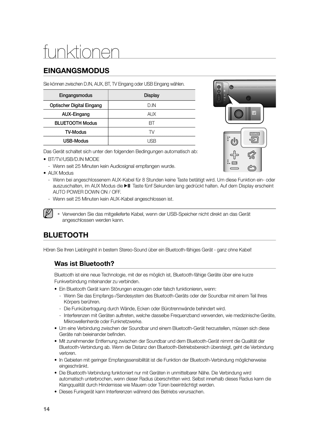 Samsung HW-H430/XN, HW-H430/EN manual Funktionen, Was ist Bluetooth?, BT/TV/USB/D.IN Mode, Auto Power Down on / OFF 