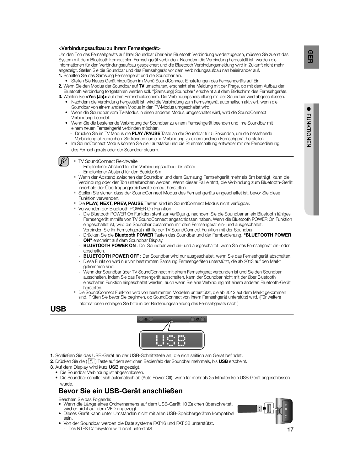 Samsung HW-H430/EN, HW-H430/XN manual Bevor Sie ein USB-Gerät anschließen, Verbindungsaufbau zu Ihrem Fernsehgerät 